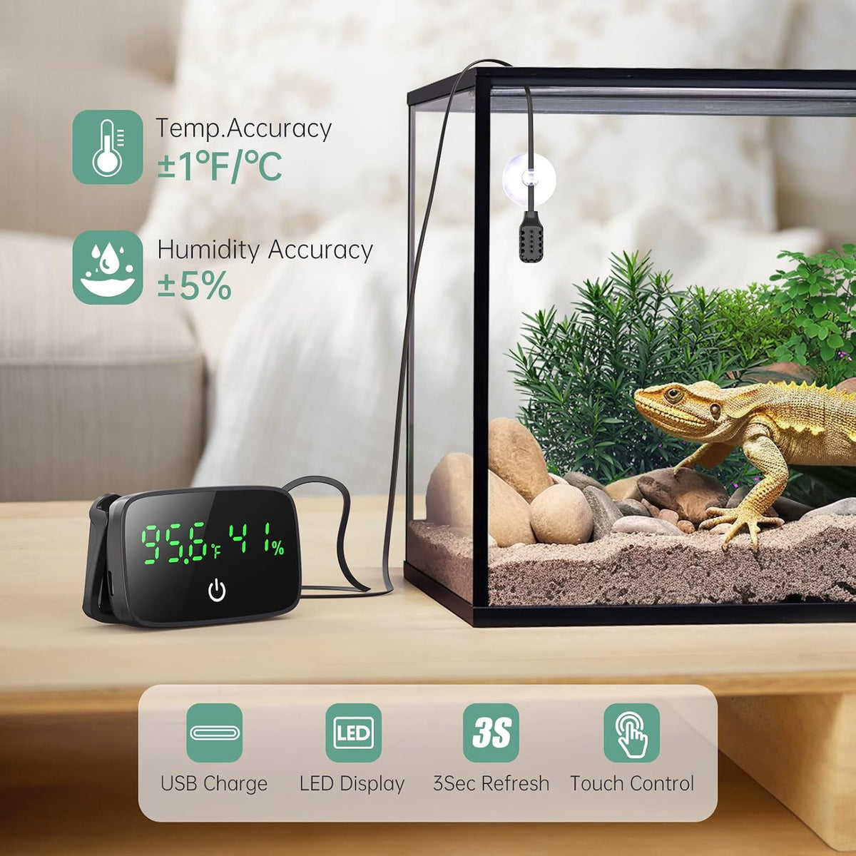 PAIZOO LED Digital Reptile Thermometer and Humidity Gauge with USB Charging