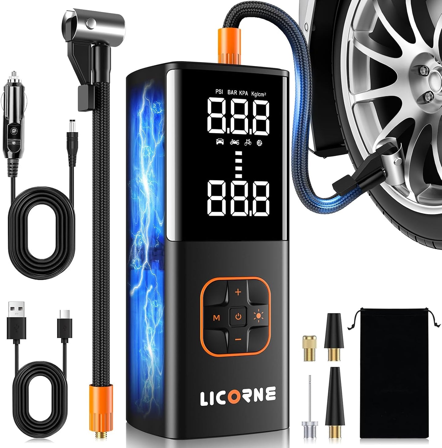 LICORNE Tire Inflator 5X 180 PSI Cordless inflator with Digital Pressure | 5X faster, 7800mAh battery, digital gauge, auto shut-off, 4 modes for car/bike/motorcycle/ball, USB-C power bank, LED light