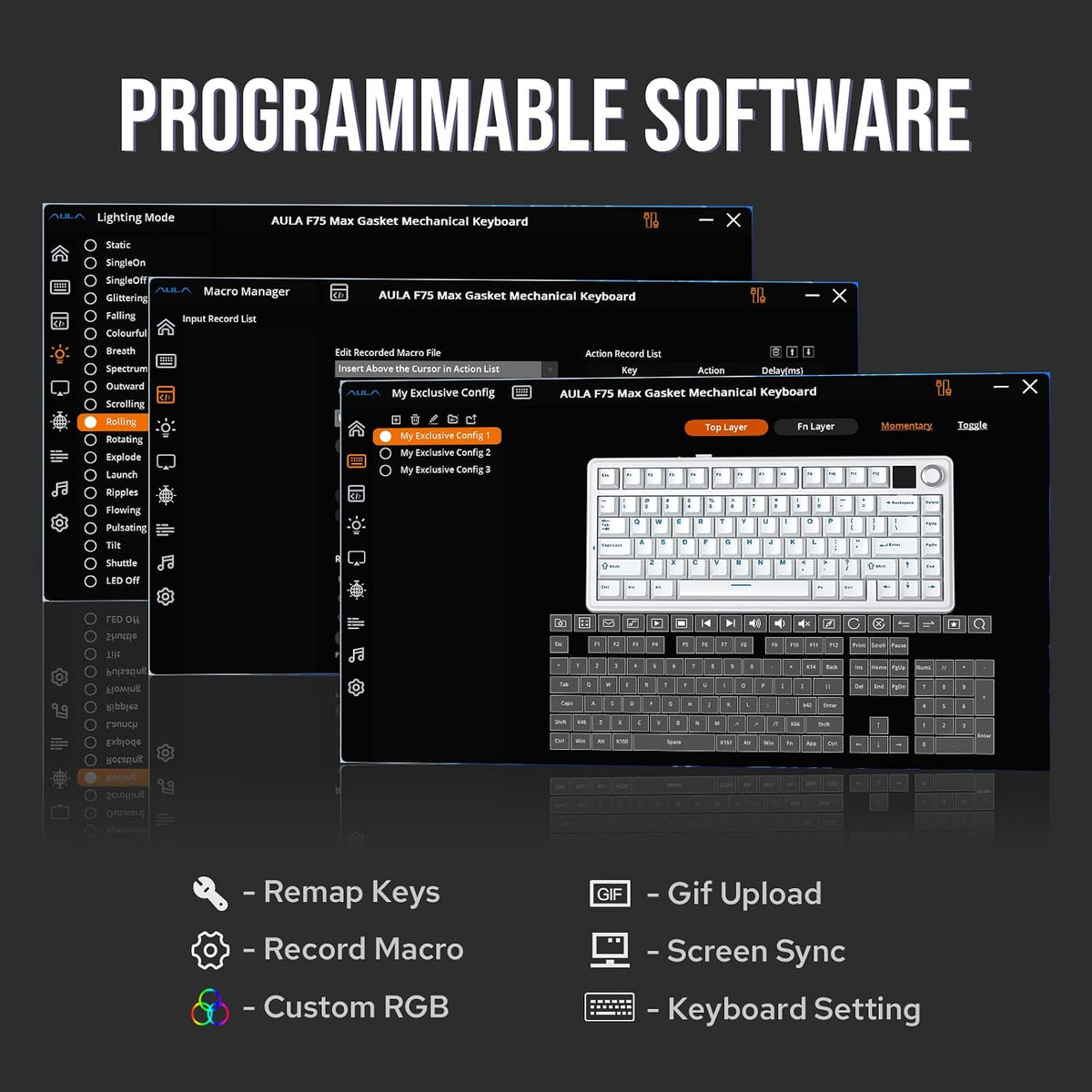EPOMAKER X Aula F75 MAX Wireless Mechanical Keyboard with TFT Screen and Knob, Gasket Gaming Keyboard in 75% Layout, Hot Swappable, RGB Backlight, for PC/Mac/Linux (Black Gradient)