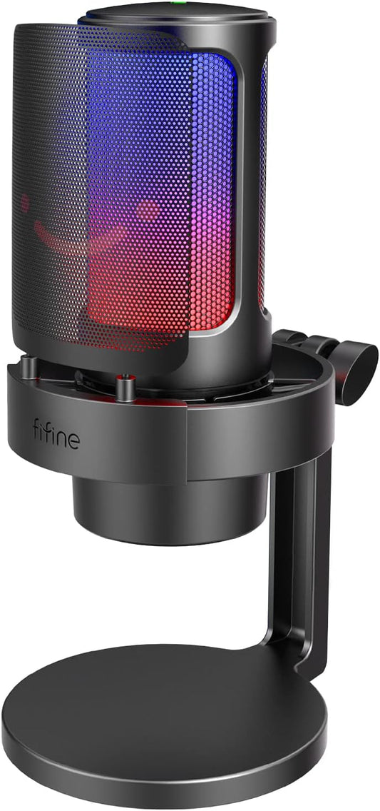 FIFINE AmpliGame A8 USB Gaming Condenser Microphone with RGB Control for PC | RGB Control, Gain Knob, Quick Mute, Desktop Mic, Headphone Jack, Shock Mount, Pop Filter, for PS4/5 Discord Twitch Podcasts