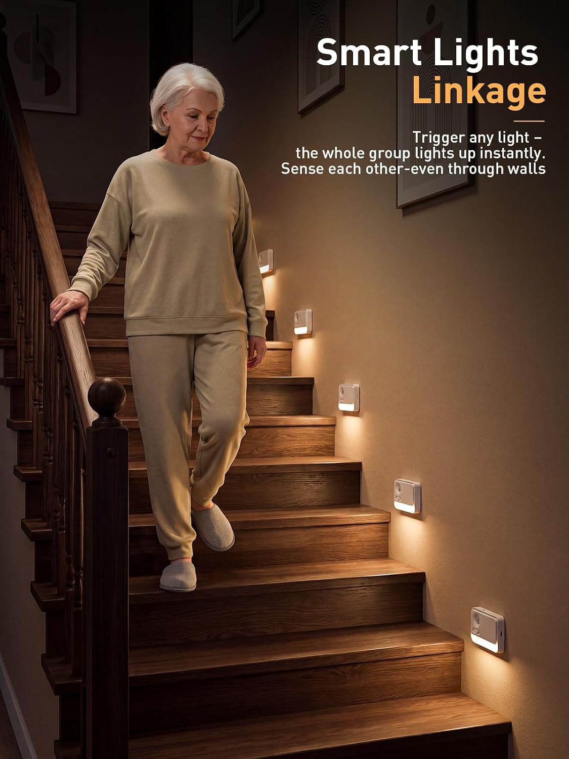 long-stars Sync Motion Sensor Night Lights, 1800mAh Linkage Rechargeable Stair Lights Indoor, 3 Color Temperatures, Magnetic Mounting for Hallway, 3 Pack
