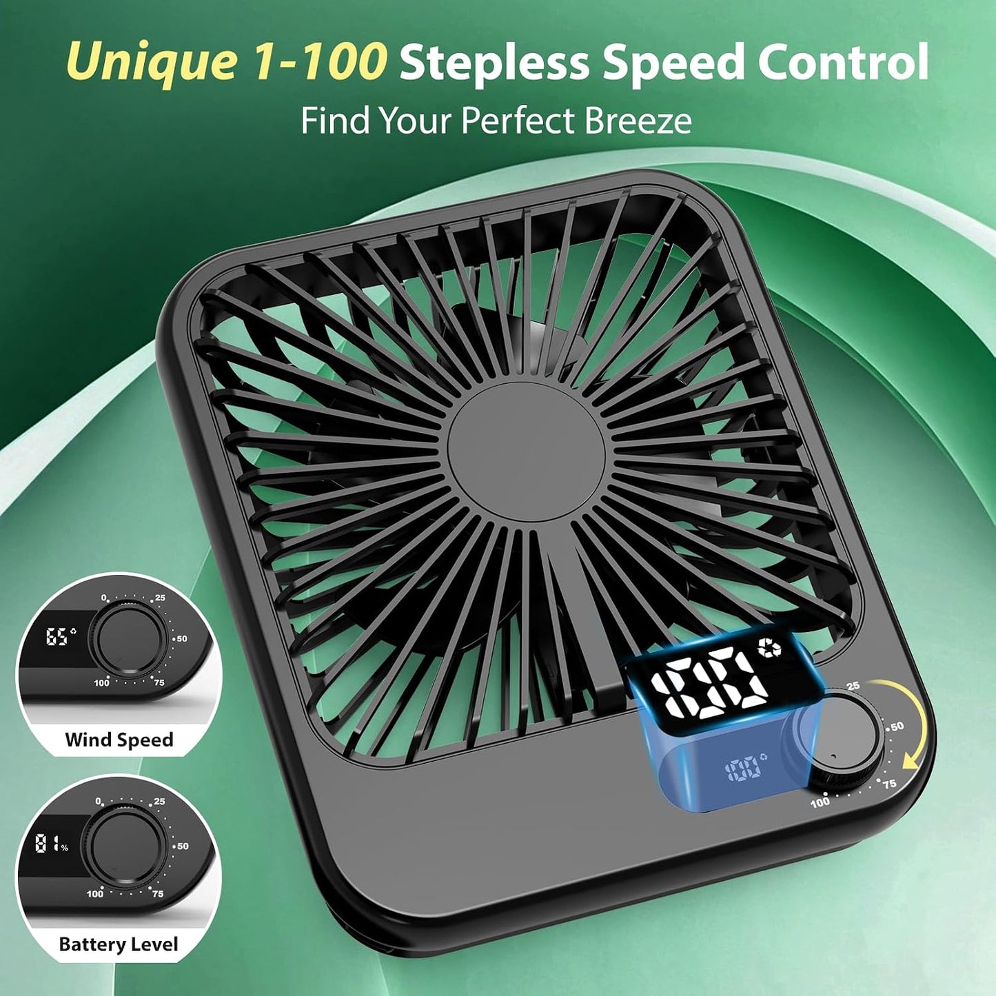 Portable Fan Rechargeable- 4000mAh mall Mini Desk Fan 100 Speed Wind Adjustable, Mini Silent Battery Powered Personal Desktop Fan for Bedroom Bedside, Office, Travel Essentials