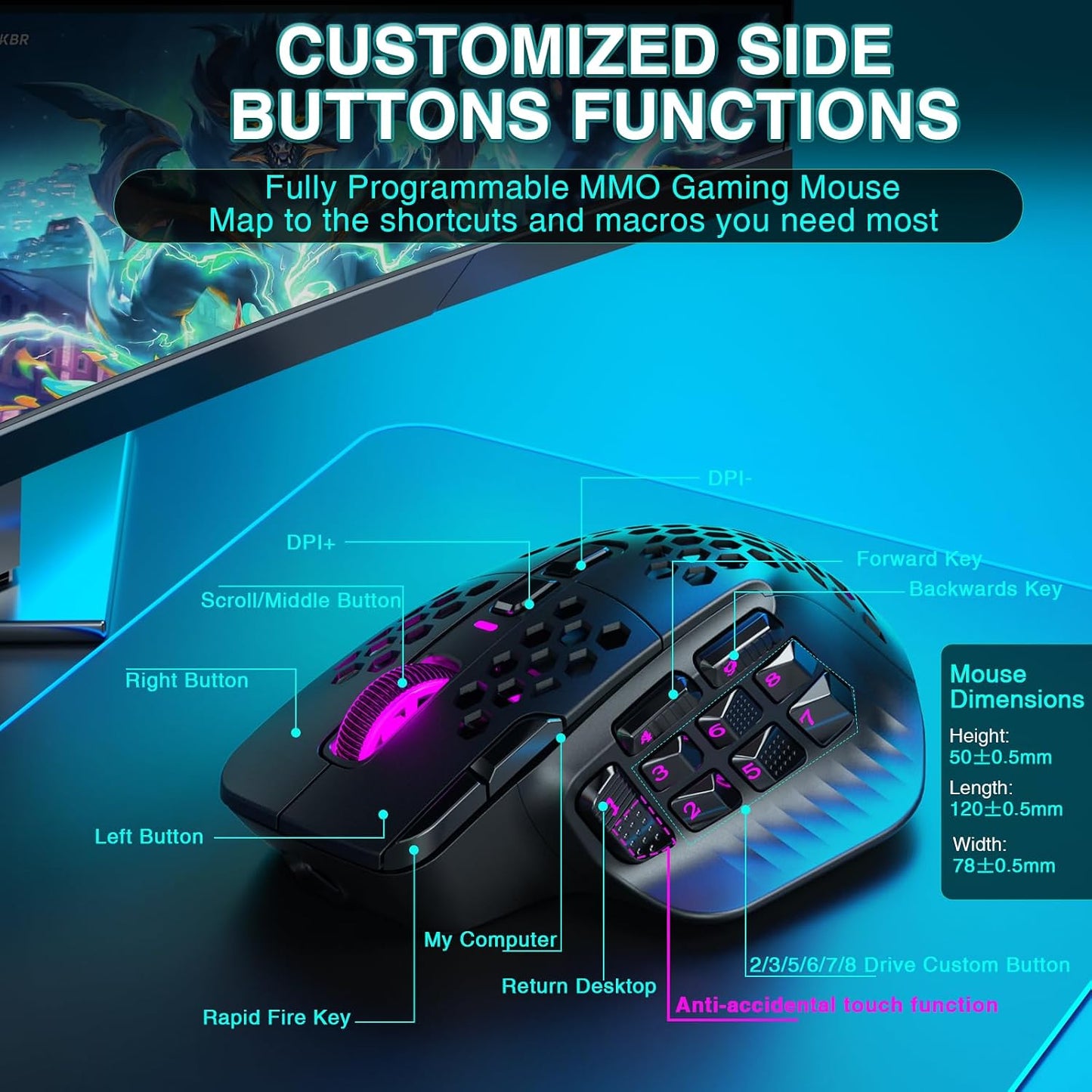 SOLAKAKA SM809 Pro MMO Gaming Mouse with 9 Side Buttons,24000 DPI RGB Mouse for Gamer,16 Programmable Macros MMO Mouse,Black