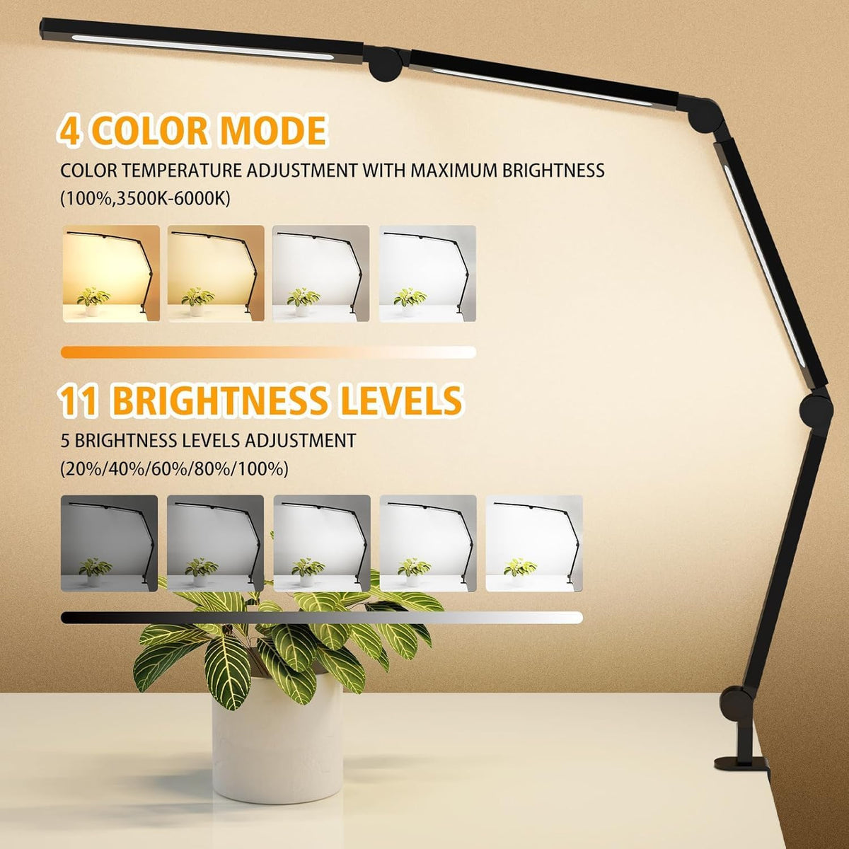 AILBTON Bright LED Desk Lamp with Clamp,Eye Caring Architect Led Desk Lights with Adjustable Swing Arm for Office Home,Dimming and Tempering Led Table Light