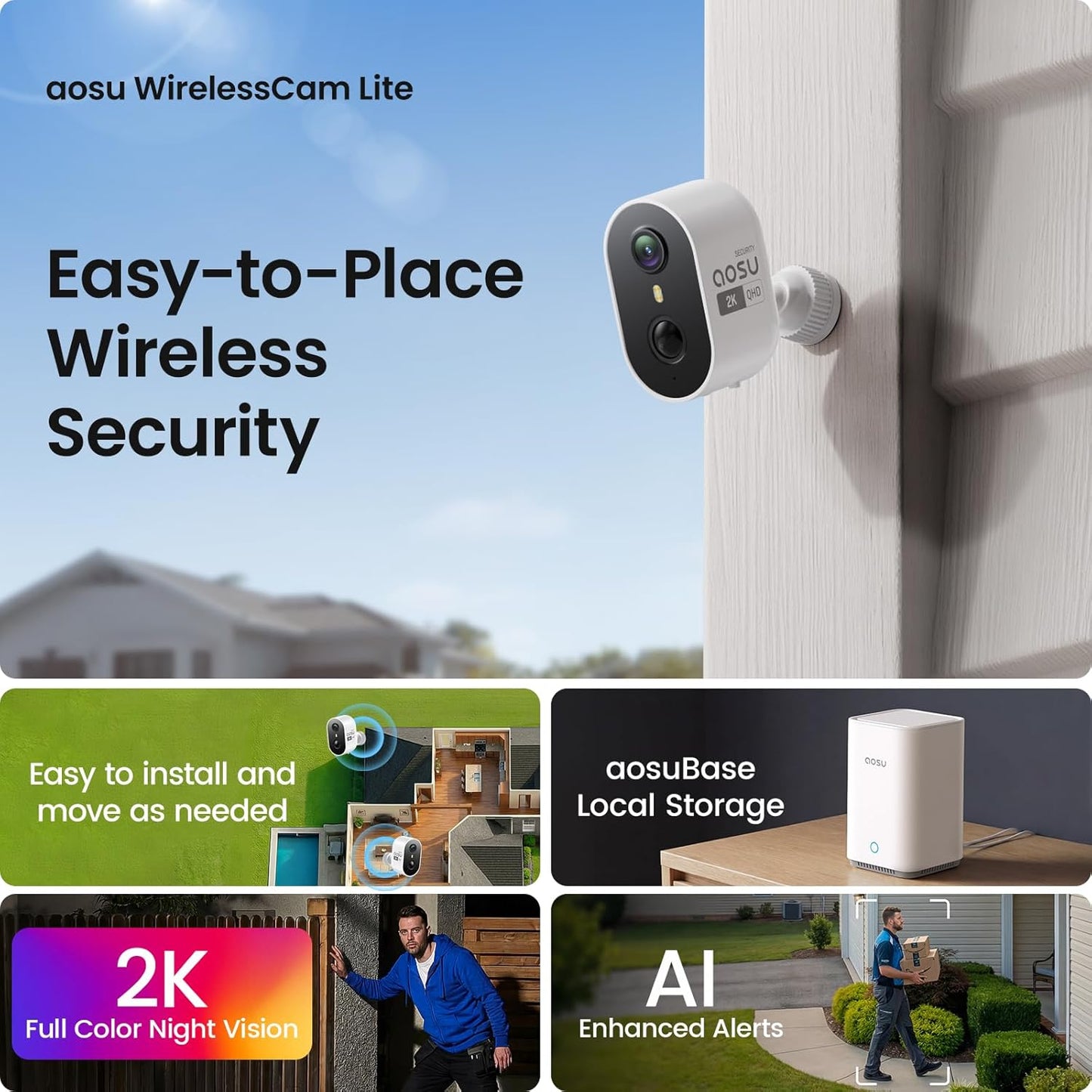 aosu Wireless Outdoor Security Camera Kit with aosuBase Local Storage, 2K with 6X Zoom, 4-View Live, Cross-Camera Person Timeline, PIR + AI Human Detection, Color Night Vision, 4-Cam-Kit