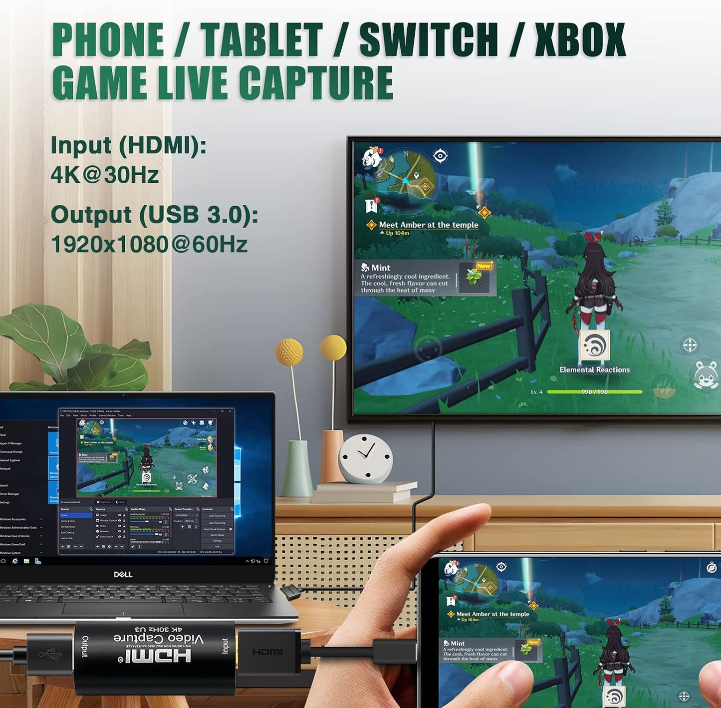 HDMI to USB 3.0 Video Capture Card, Cam Link 1080P60 Game Capture Card Device for Streaming Recorder, Live Broadcasting, Compatible with Nintendo Switch,Xbox,PS4 (VLC/OBS/Amcap)