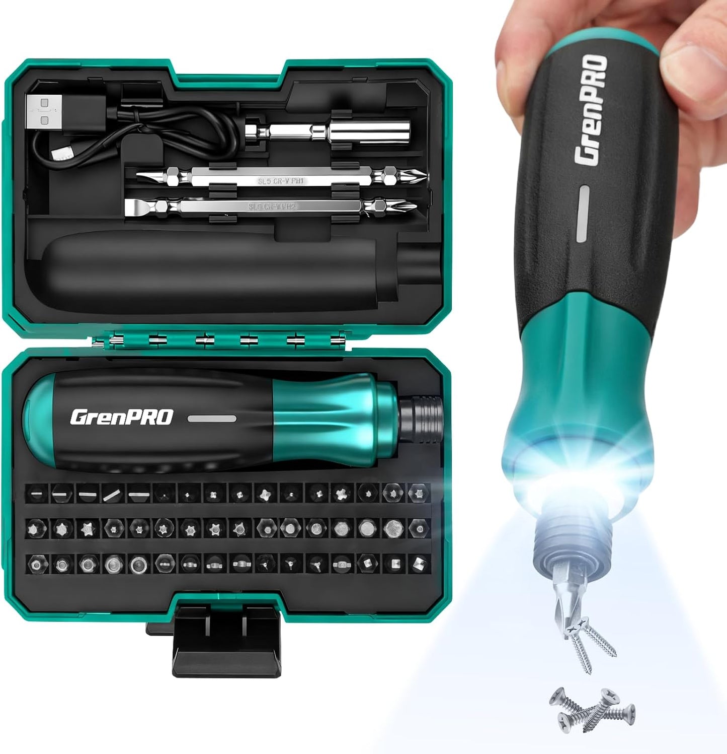 GRENPRO 4V Cordless Electric Screwdriver Set, 51 Magnetic Bits, LED Light | Built-In Non-Removable Battery with USB Charging, Forward/Reverse Control and Carrying Case for Home Repairs and DIY Tasks
