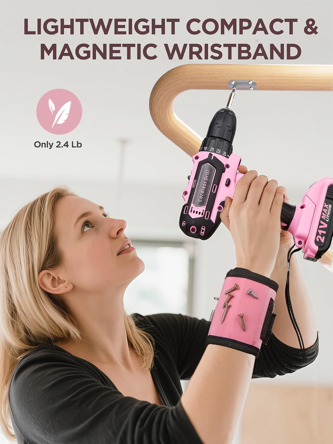 Pink Cordless Drill Set 202 Pcs, 21V Pink Power Drill Tool Set Kit with Storage Bag, Electric Drill Set for Women, Precision Screwdriver set, Magnetic Wristband, for Home DIY Projects