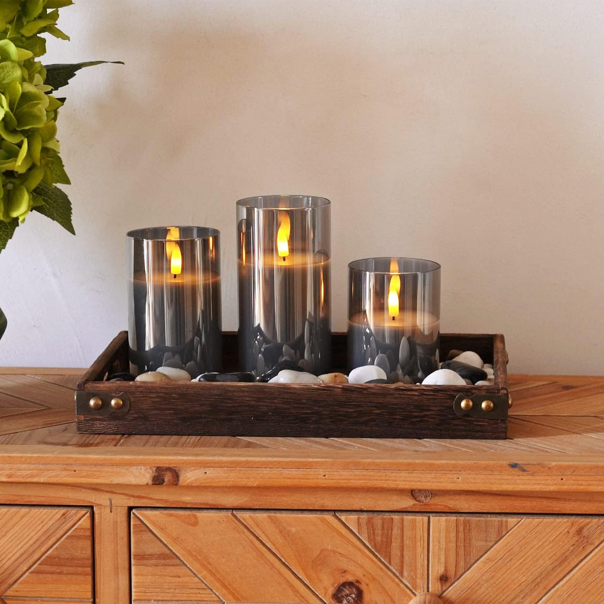 Homemory Grey Glass Flameless Candles, Real Wax, Remote Timer, 3 Pack | D3"xH4"5"6", battery operated flickering LED pillar c, les, Halloween centerpiece, mantel, dining table , home decor