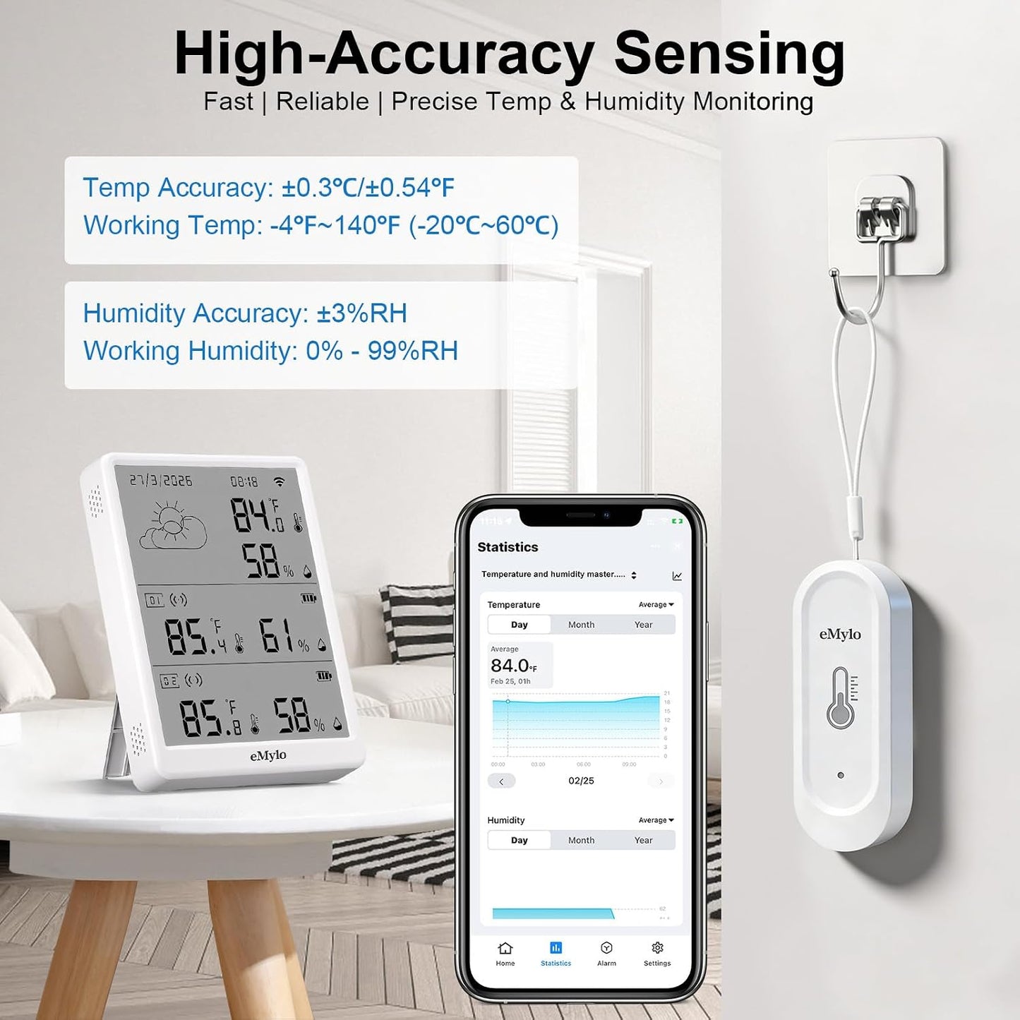 eMylo WiFi Thermometer Hygrometer with 2 IP65 Outdoor Sensors, 328Ft Range | Digital Temperature Humidity Monitor with App Alerts, Free Data Export, Indoor Thermometer for Home, Greenhouse, Wine Cellar﻿