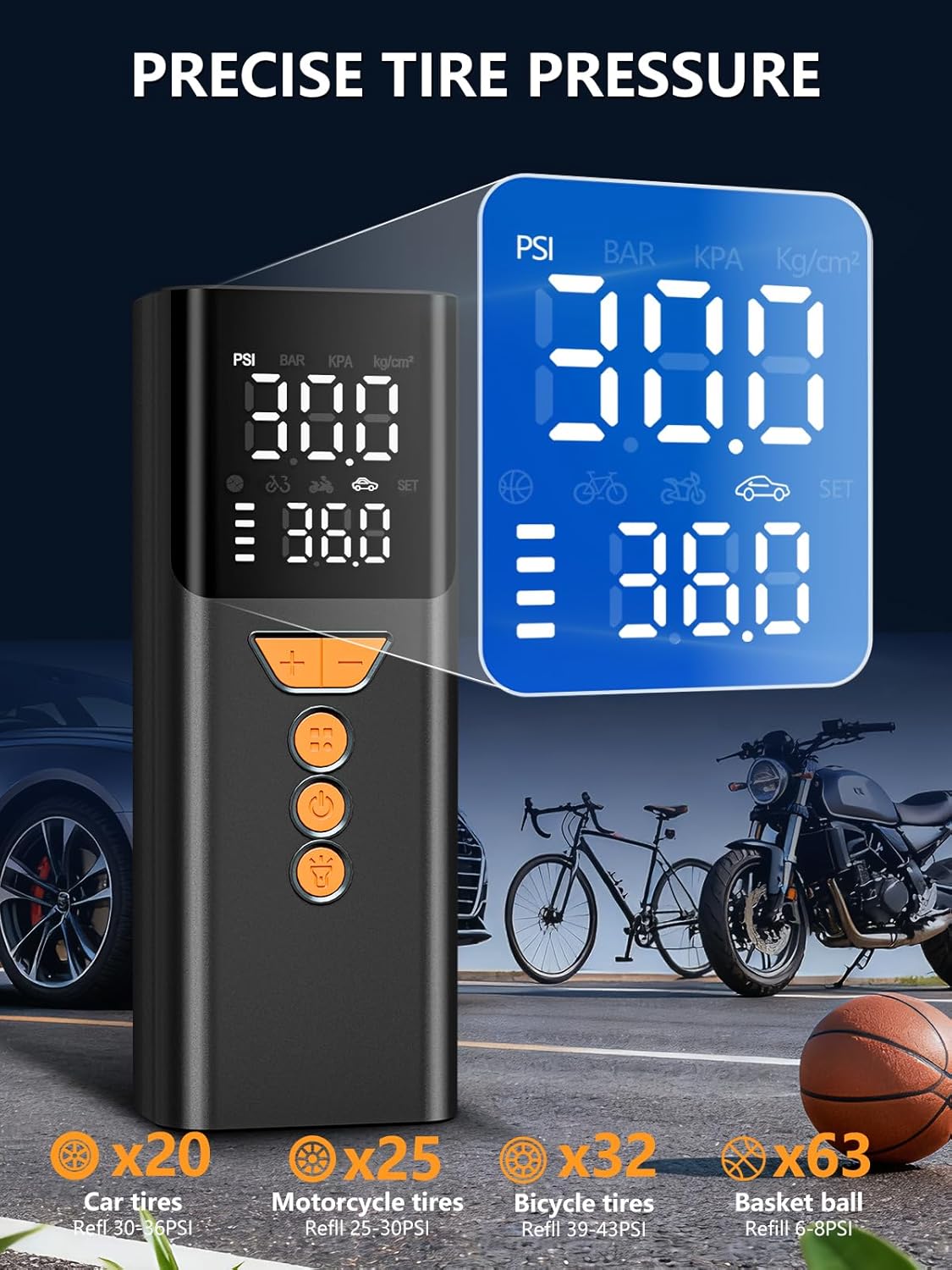 Tire Inflator Portable Air Compressor,Bike Pump with Memory Function | 150PSI, Auto Shut-off, Portable, Standard Capacity, LED Light, Cordless Air Pump for Car Tires, Motorcycles, Bikes, Balls