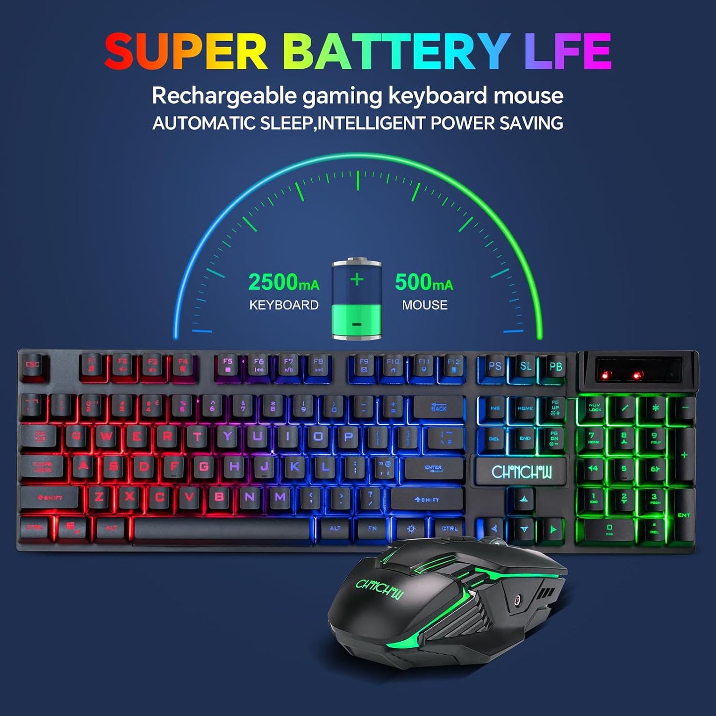 CHONCHOW USB Wireless Gaming Keyboard and Mouse Combo, RGB Backlit, 2.4GHz | LED Ergonomic Mechanical Feeling Keyboard, Rechargeable 2500mAh Battery, Anti-ghosting Keyboards 7D 3600DPI Mice for PC Gamer