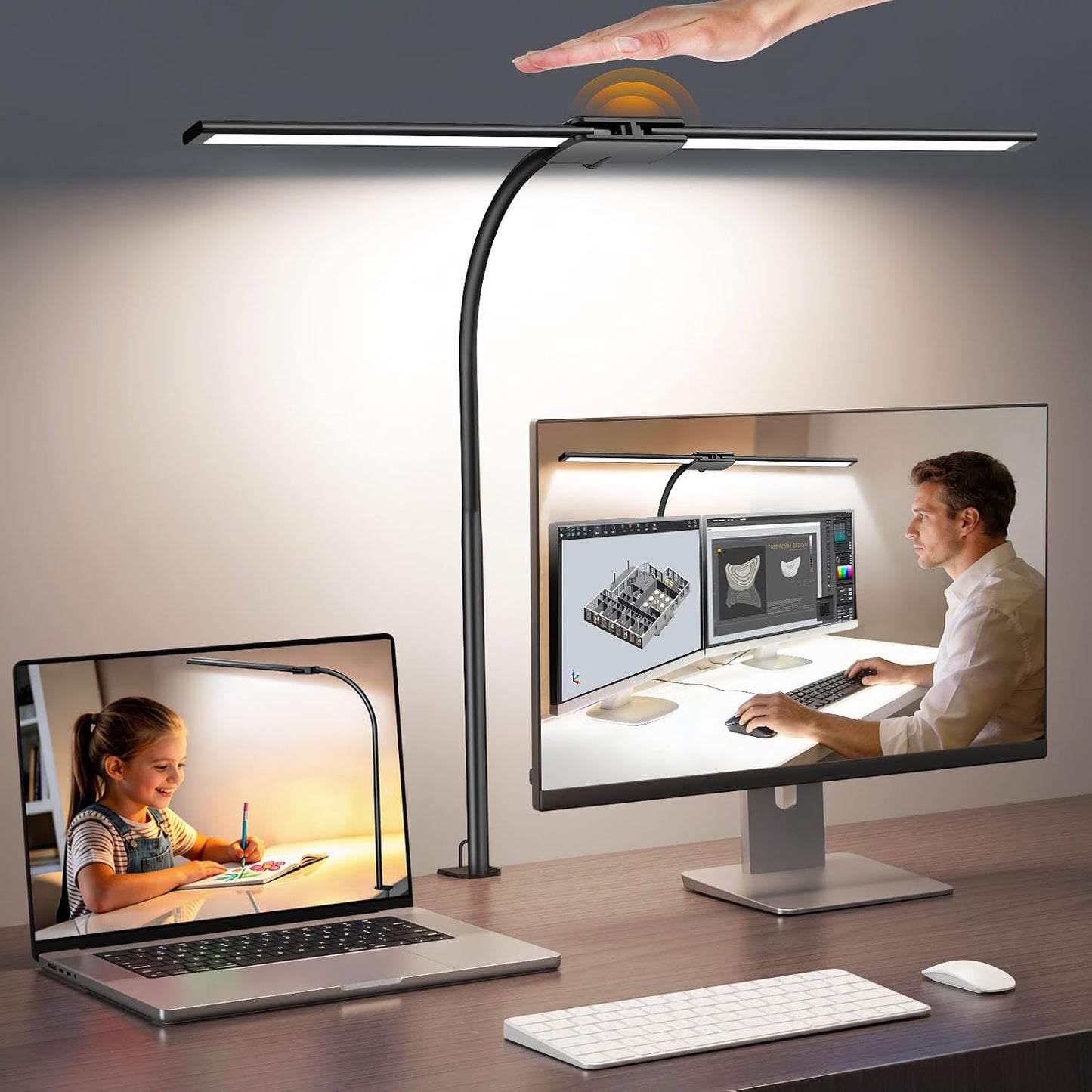 Syrinx LED Desk Lamp with Clamp, Dual Head Eye-Caring Architect Desk Lamp | Adjustable Swing Arms & Flexible Gooseneck, 50 Lighting Modes, Memory & Timer, Gesture & Wired Control for Office & Crafting