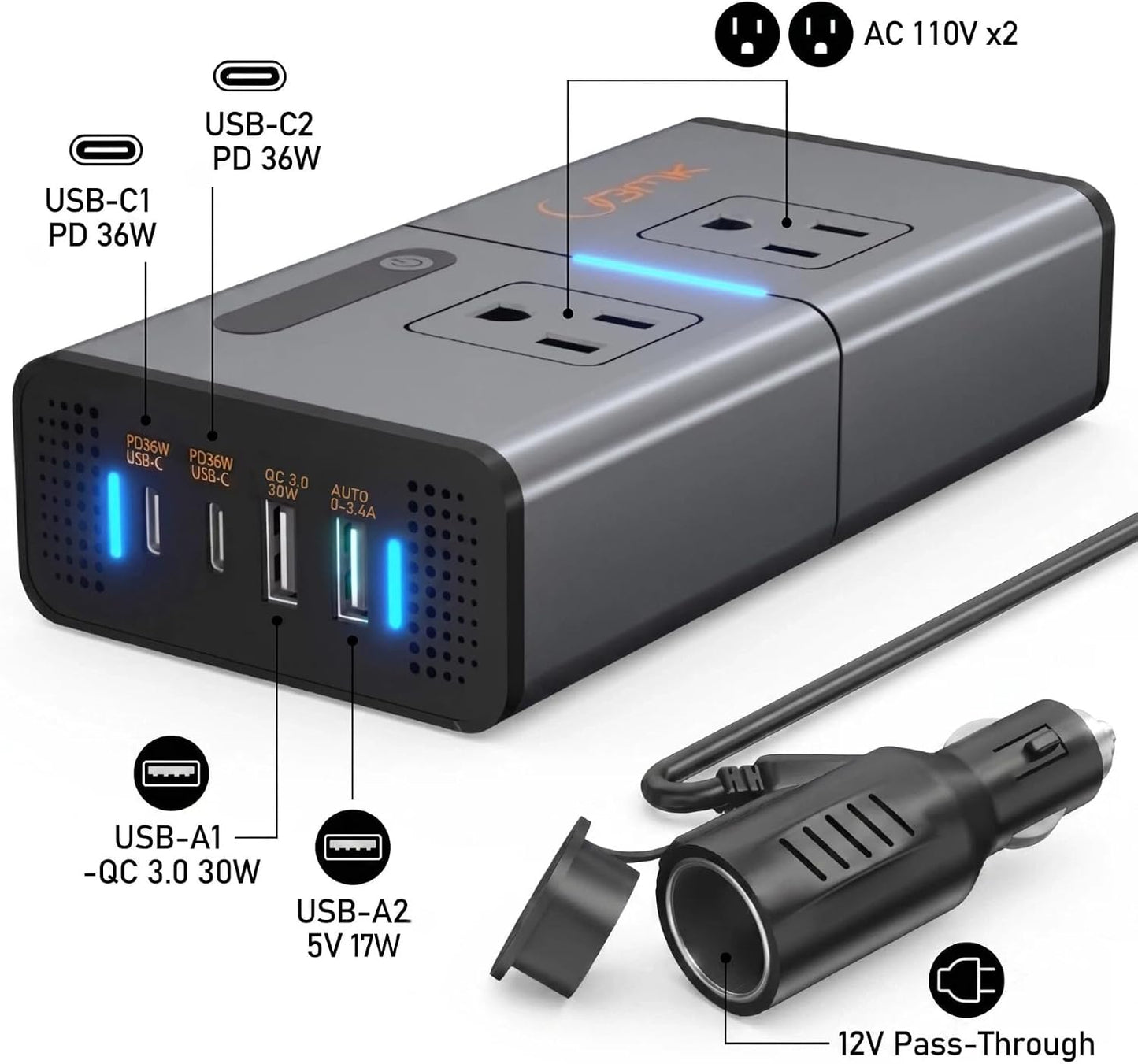 200W 7-in-1 Car Power Inverter DC 12V to 110V AC with Dual PD 36W USB-C & QC 3.0 30W, 2 AC Outlet Car Plug Adapter, LED Voltage Display, Quiet Cooling Fan for Laptop Road Trip Camping