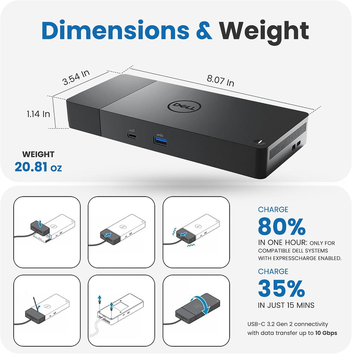 WD19S Dell Docking Station Dual Monitor USB-C Bundle, 180W Power Adapter, with TT Cables Each 2m, DisplayPort, HDMI, USB4-C, Ethernet Microfiber Cloth Included, with 3-Year Warranty