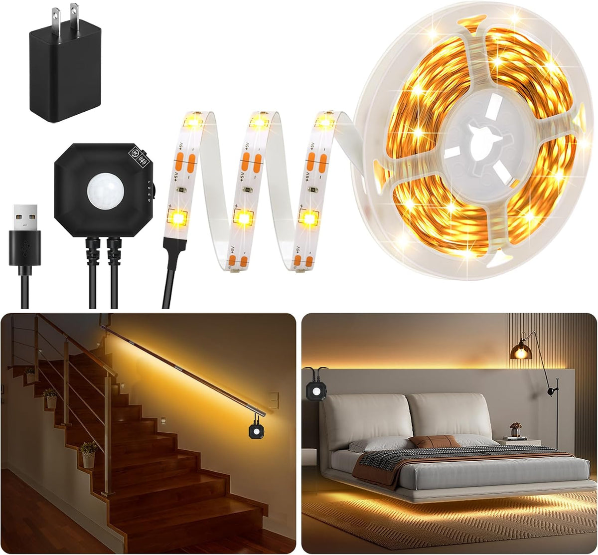 Motion Activated LED Strip Lights,2-Packs 9.8Ft Warm White Lighting