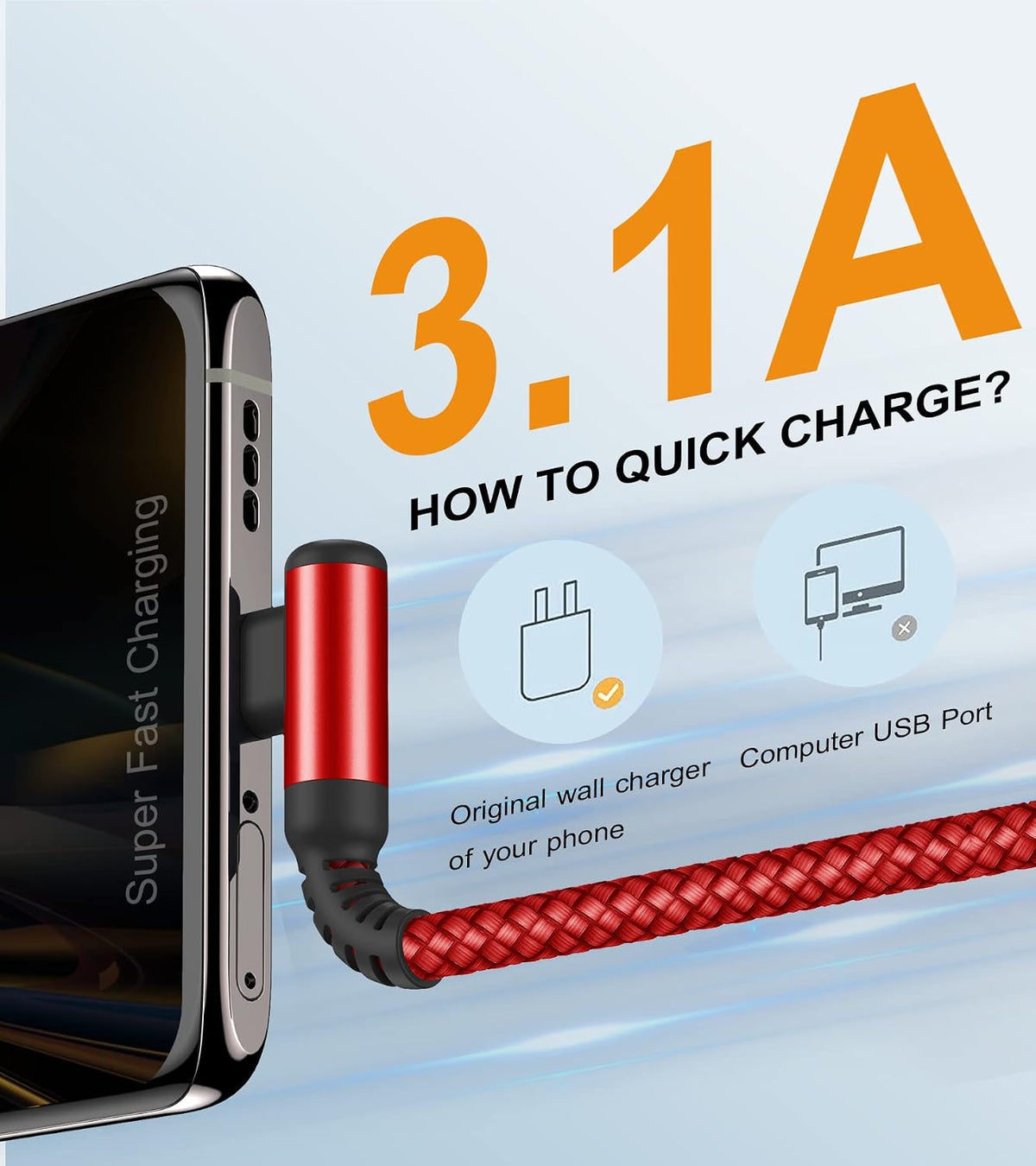 USB to USB C Cable Right Angle [3-Pack 3.3ft 6.6ft 10ft] 3.1A Fast Charging