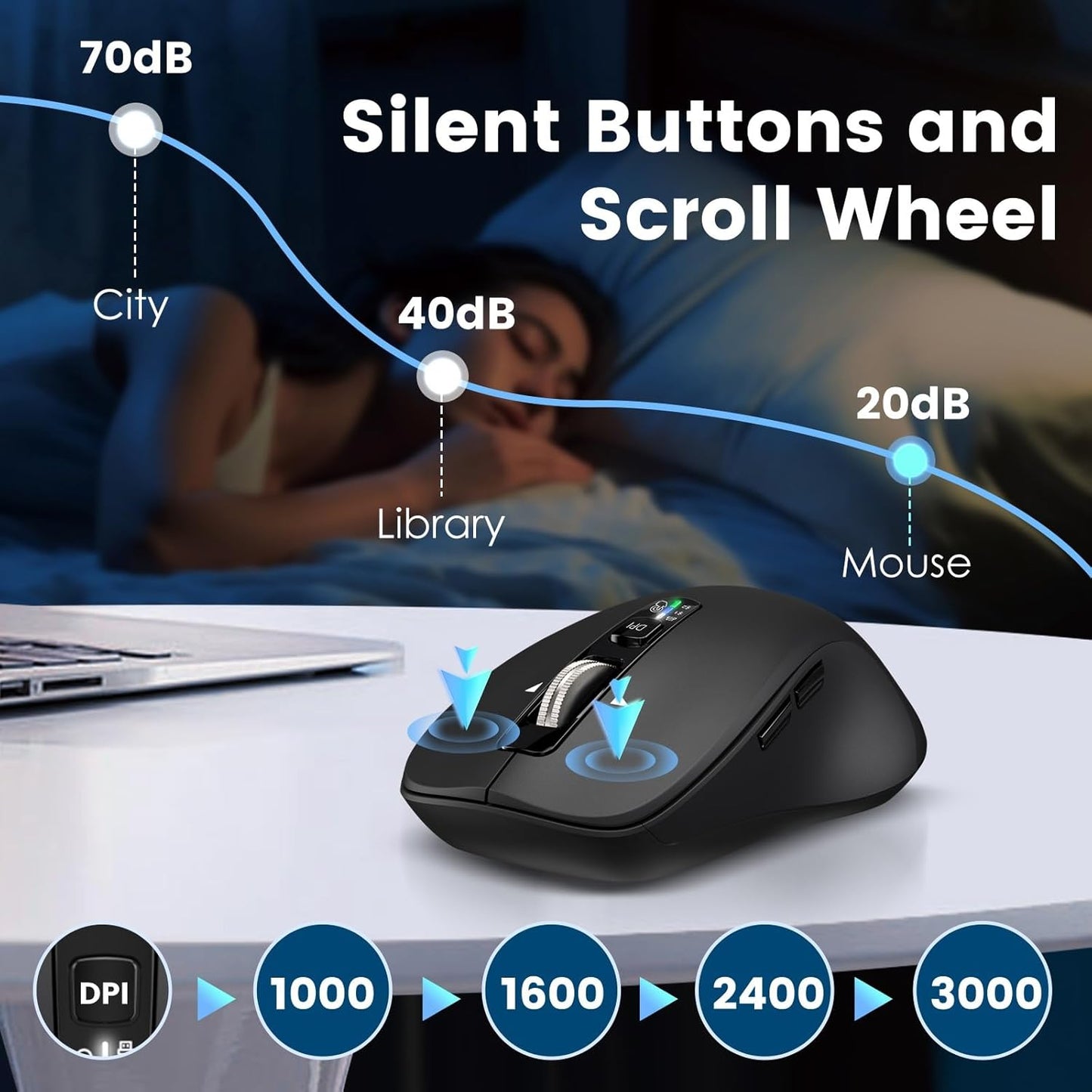 CITLLA Wireless Bluetooth Mouse (USB + BT1 + BT2), Full Size, 4-Way Scrolling, Multi-Device Silent Mouse for Computer, Laptop, iPad, MacBook (Black)