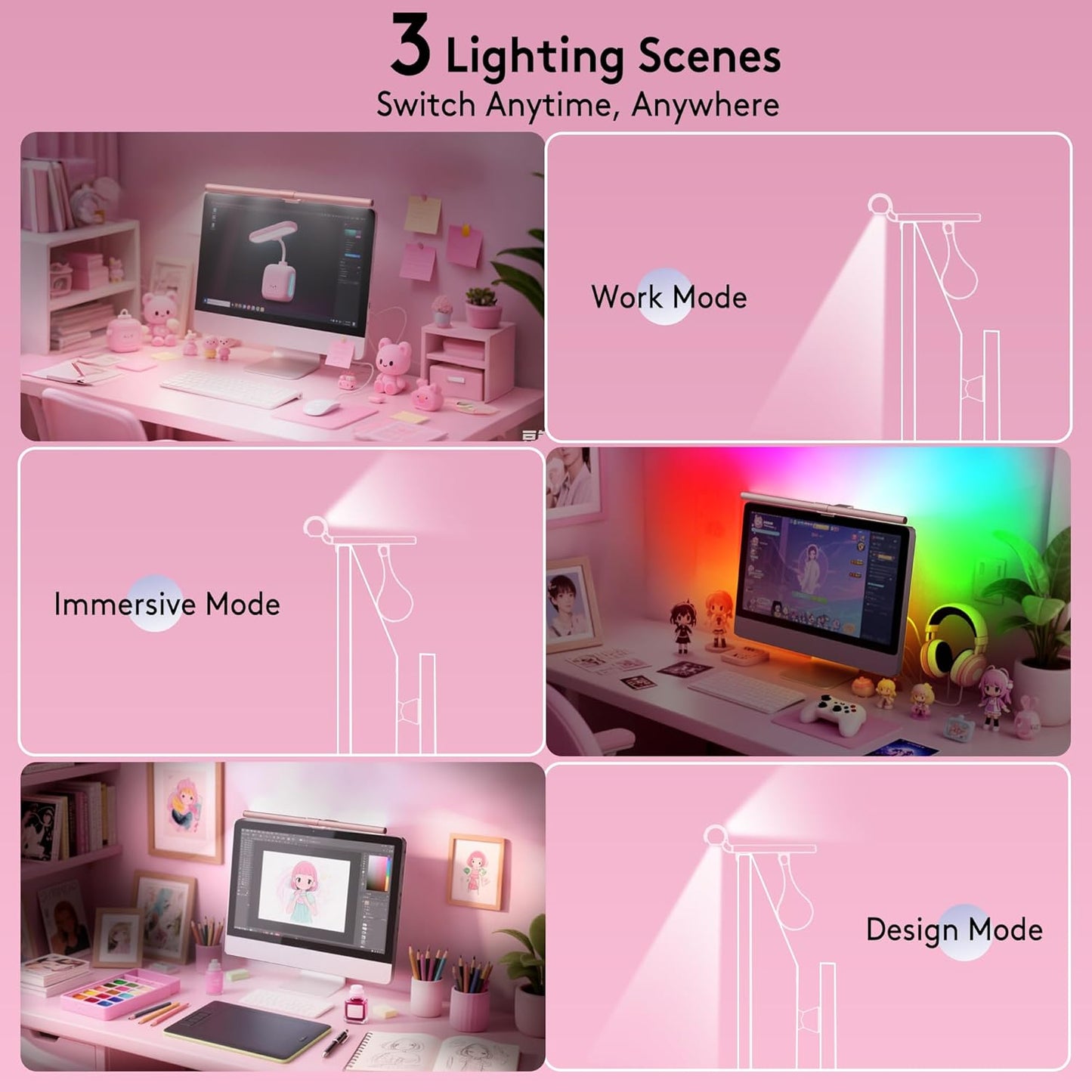 Quntis 20" Pink RGB Monitor Light Bar, 15 Gaming Backlight Modes, Eye-Care No Glare, Adjustable Frontlight Brightness & Color Temperature Remote Control, Modern Aesthetic USB Reading Monitor Lamp