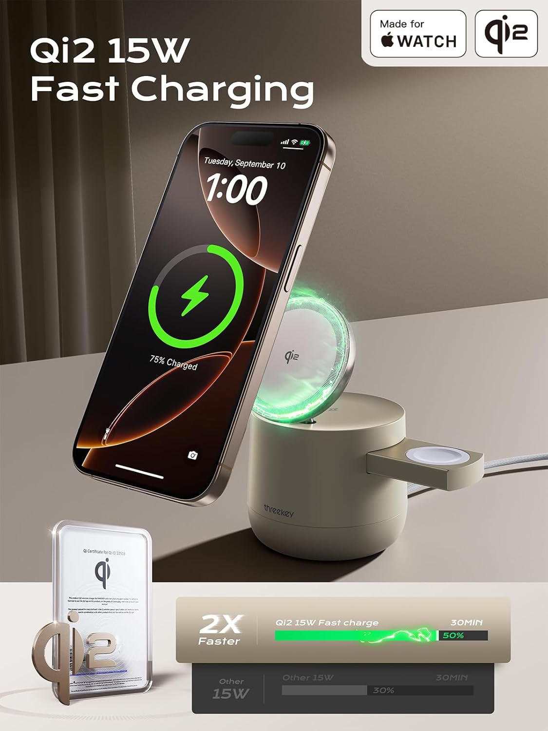 4 in 1 Qi2 Magnetic Wireless Charging Station, 15W Fast Charger with Made for Apple Watch Charging Module, for iPhone 17–12 Series & AirPods, 65W Adapter Included