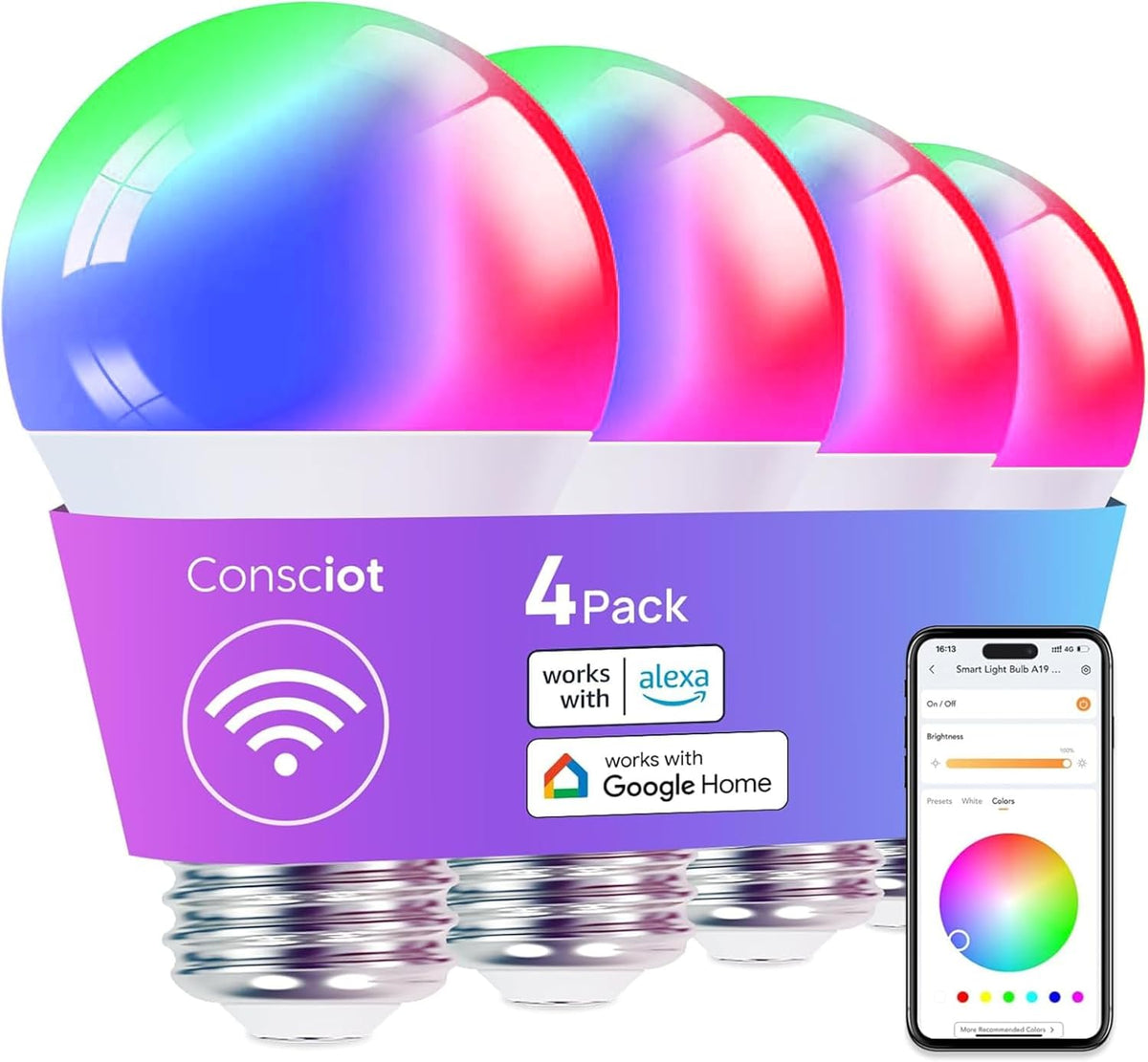 Consciot Smart Light Bulbs, A19 Google Home Color Changing Bulbs, 4-Pack