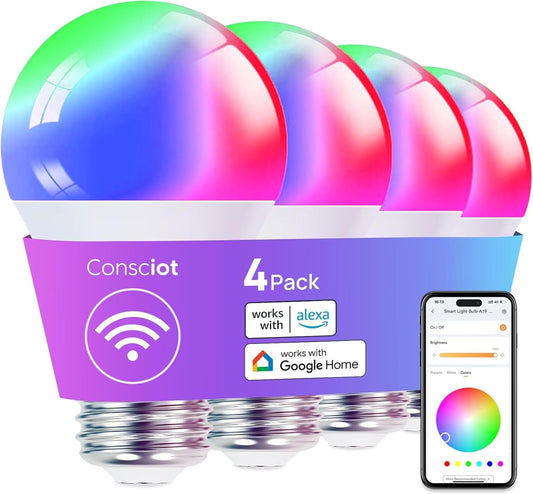 Consciot Smart Light Bulbs, A19 Google Home Color Changing Bulbs, 4-Pack