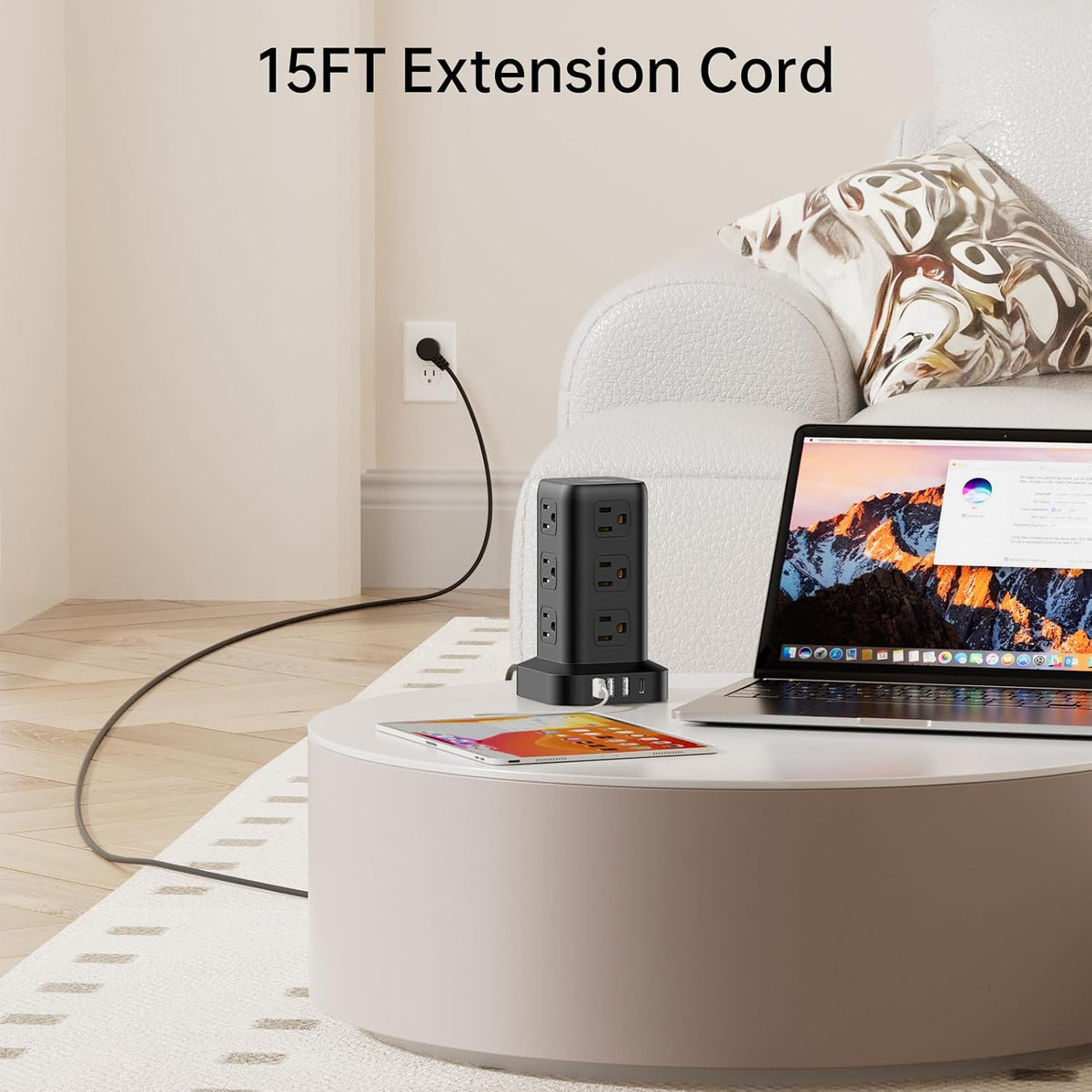 Extension Cord with Multiple Outlets, SMALLRT Power Strip Tower with USB Ports 12 AC Outlets, PD 20W USB C, 15FT Outlet Extender for Home Dorm, Office Supplies, Overload Protection