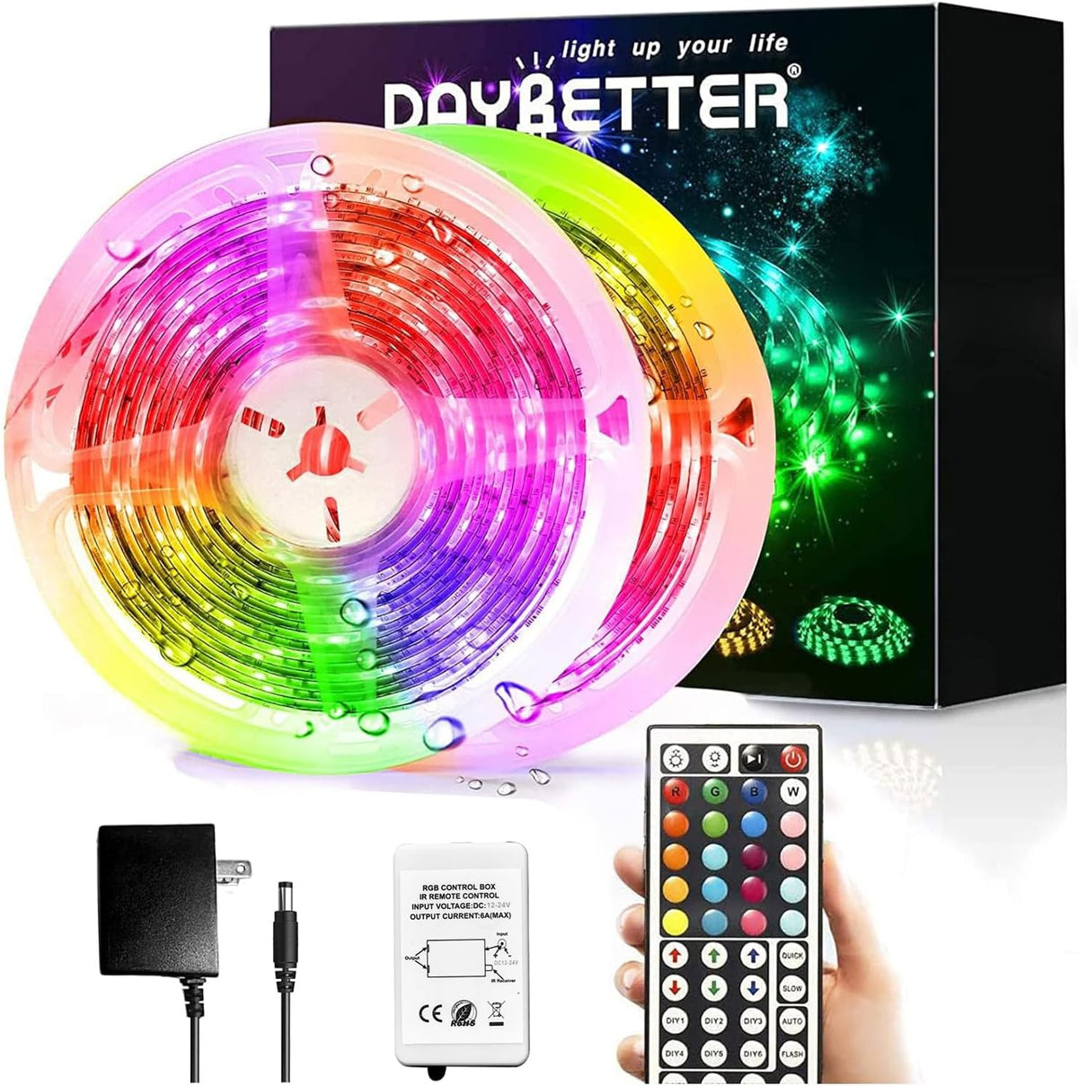 DAYBETTER Led Strip Lights Waterproof, 32.8ft(2 Rolls of 16.4ft) Led Tape Lights Color Changing 300 LEDs Light Strips Kit with 44 Keys Ir Remote Controller and 12v Power Supply for Indoor Outdoor Use