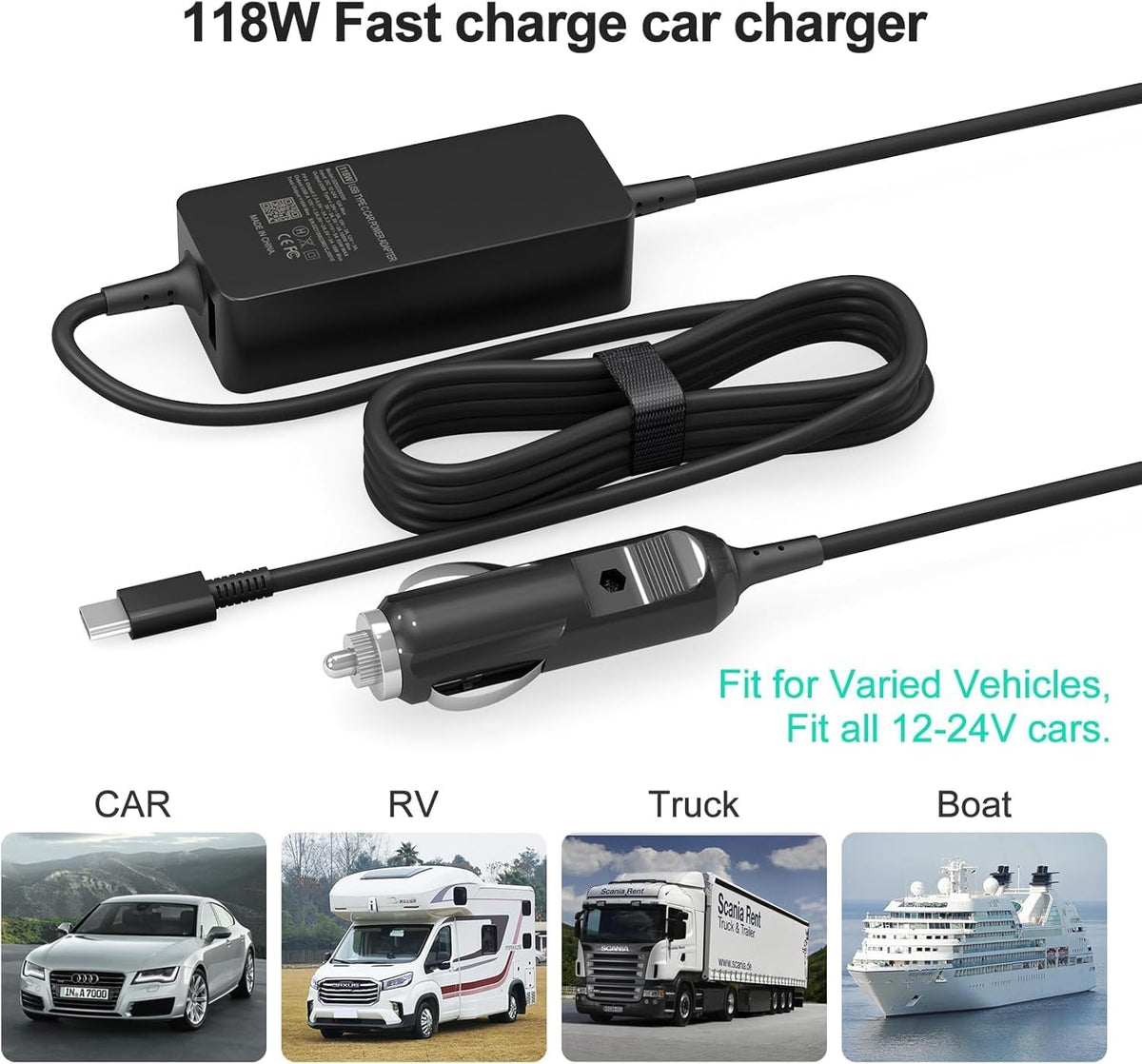 100W Laptop Car Charger USB C Car Charger for Dell Latitude/Precision/XPS, Compatible MacBook Pro/Air,HP Spectre/Elitebook,Samsung Galaxy,Asus,acer,Lenovo ThinkPad/Yoga/Idea Car Laptop Charger