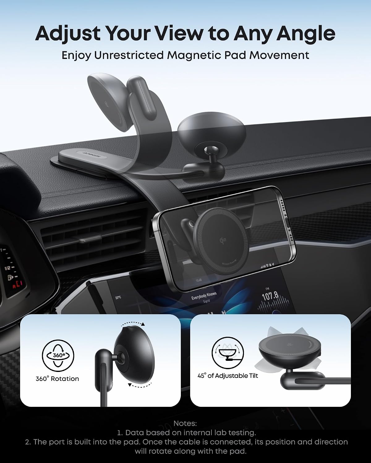 Anker Nano Magnetic 15W Car Charger with Alloy Bracket Wireless | Qi2-Certified 360-Degree Adjustable Mount with Detachable Pad, for iPhone 17 / 16 / 15 / 14 / 13 Series (Adapter Included)