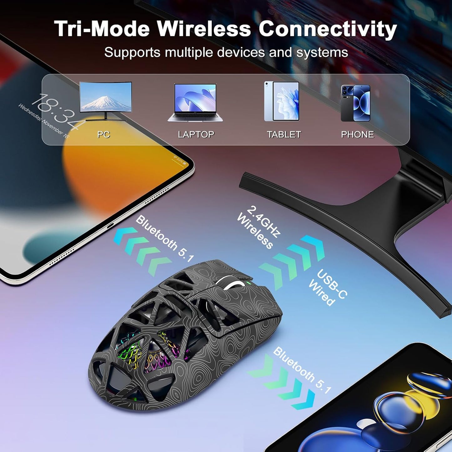 G11 Lightweight Wireless Gaming Mouse for FPS & Competitive Gaming, Tri-Mode Bluetooth 5.1/2.4GHz/USB-C, 22000 DPI RGB Mouse with Programmable Buttons for PC, Laptop & Mac