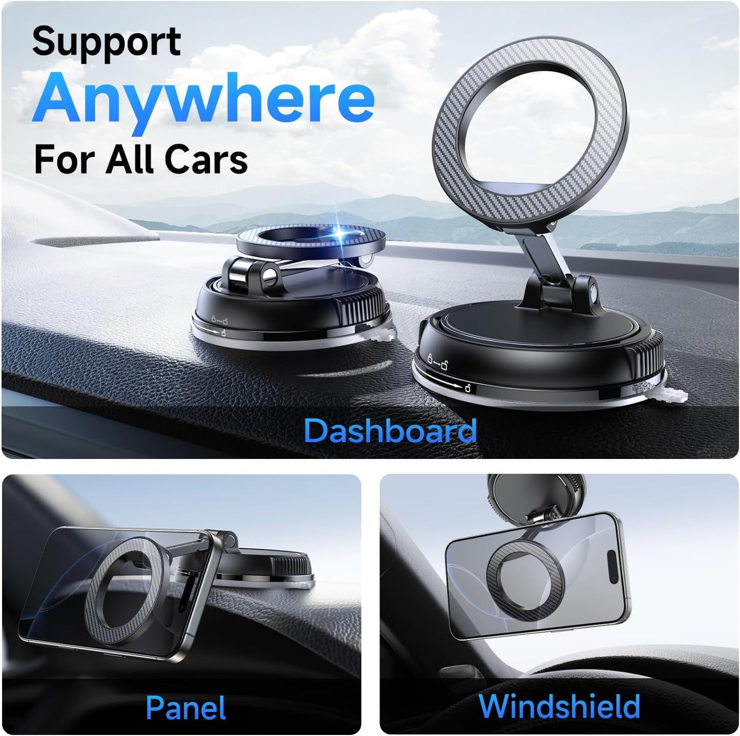 ANDERY Car Phone Holder for Magsafe [78+LBS Max Suction & 2400gf Magnetic] | 360° Adjustable Car Phone Mount, Phone Holders for Your Car for iPhone 17-12 Pro Max Air Plus (Carbon Fiber)