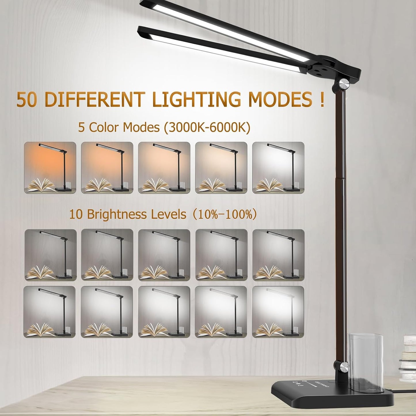 Retractable Dimmable LED Desk Lamp with USB Charging Port Desk Light | Height Adjustable 50 Lighting Modes Dual Swing Arm Architect Adjustable Table Lamp Light for Home Office Dorm Nail, Black