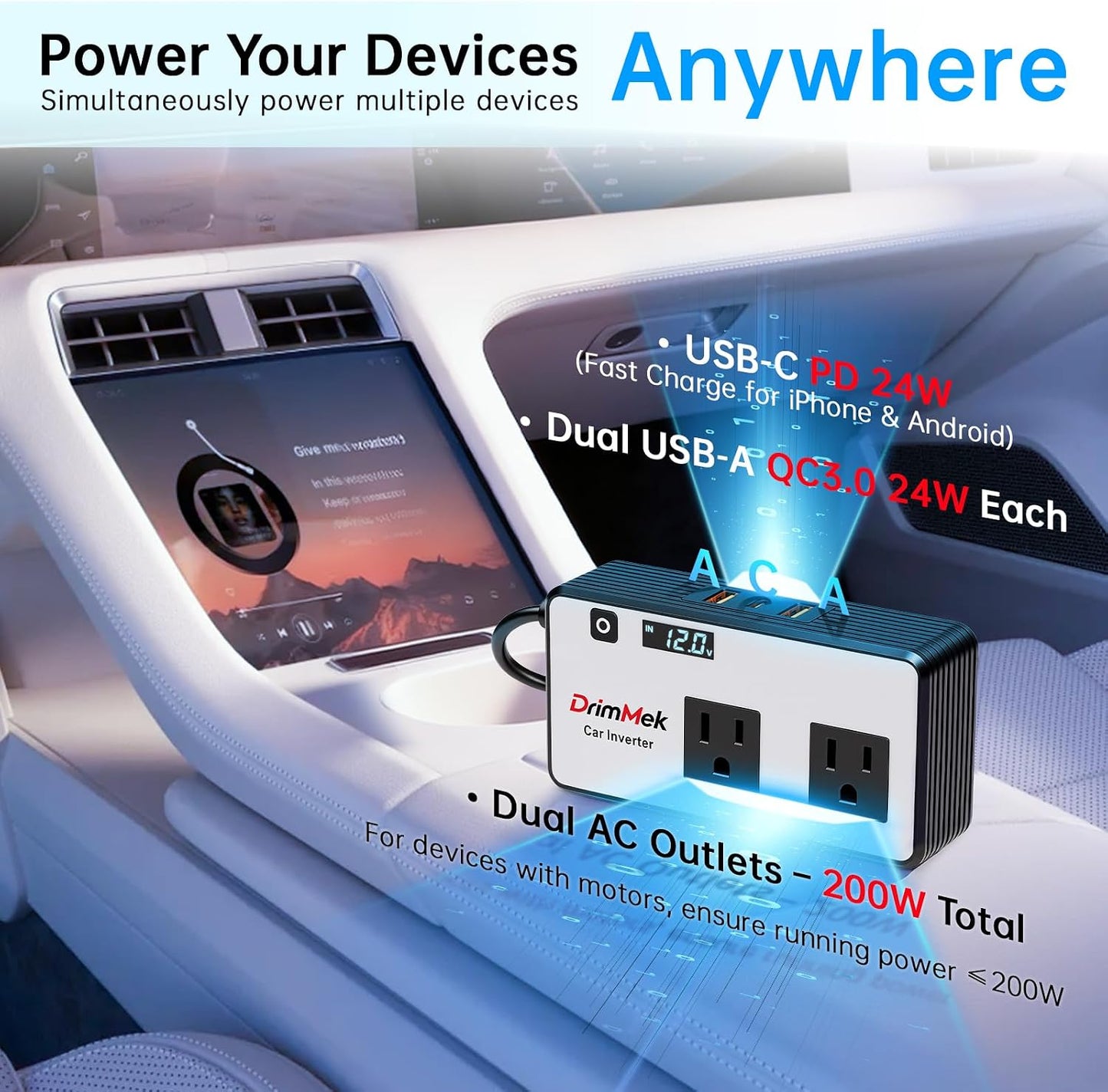 DrimMek 272W Car Power Inverter, Car Plug Adapter Outlet 12V to 110V Converter with 3 * 24W USB Fast Charging Port, Dual AC Outlet for Laptop, Vehicles, Camping (LED Display)