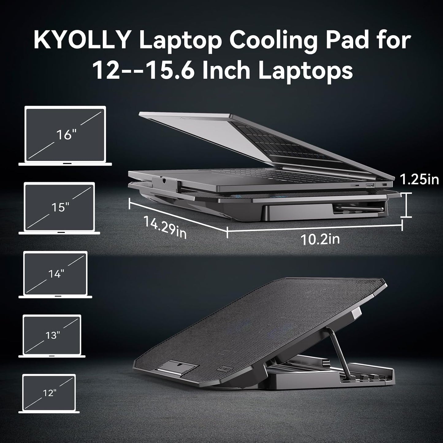 KYOLLY Ultra Slim Laptop Cooling Pad with 2 Quiet Big Fans, 5 Height Adjustable Ergonomic Stand, Portable Cooler for 10-15.6 Inch Laptops, Speed Control and 2 USB Ports