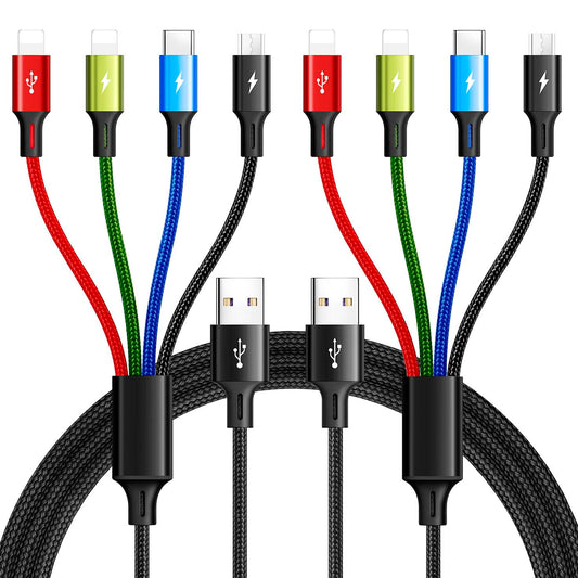 4 in 1 Multi Charging Cable ,3.5A Multiple Charger Cord Braided,2Pack 4Ft | Multi USB Cable, Car Charging Cord with Lightning/Type C/Micro Ports for Cell Phones/iPhone17-8/Tablets/Galaxy & More