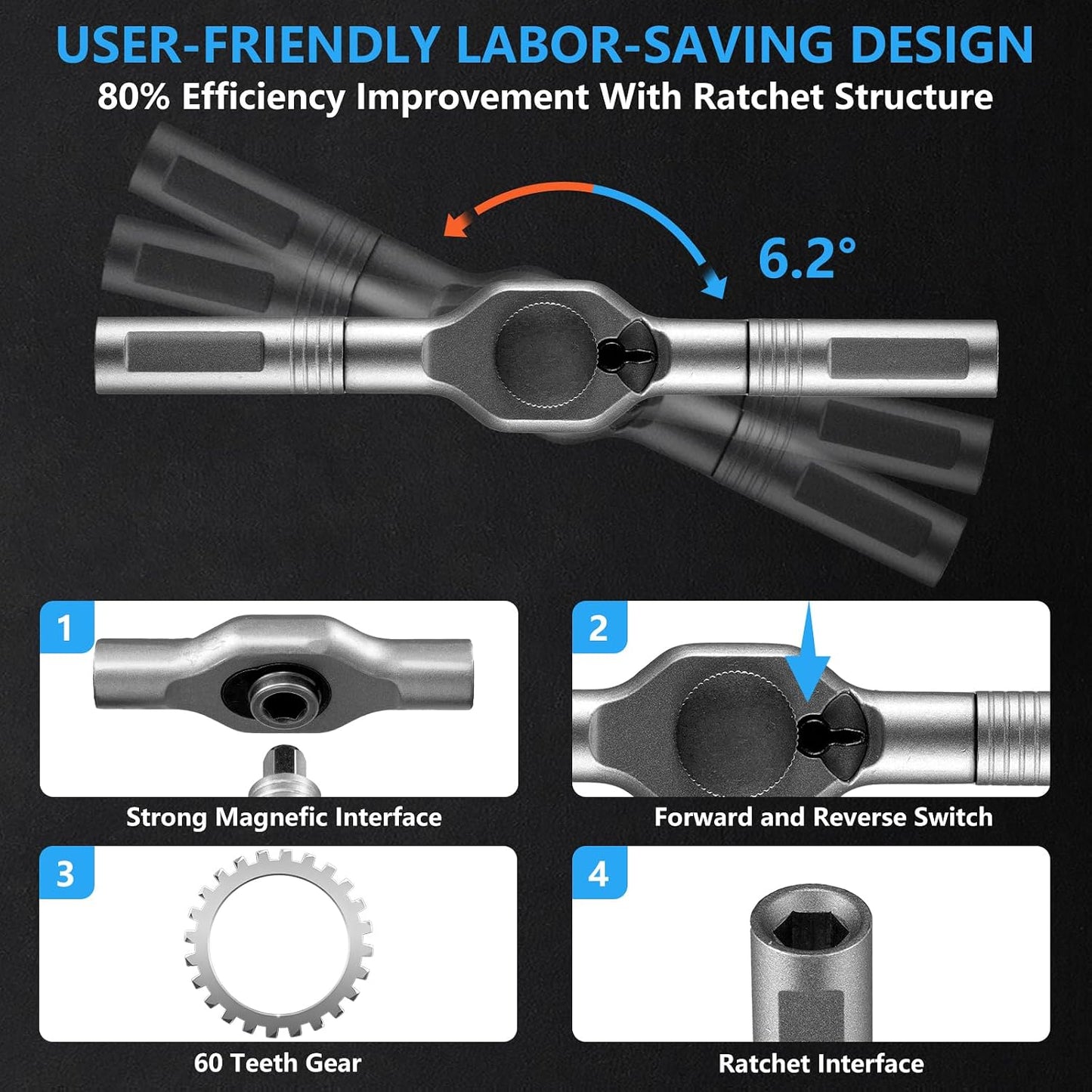 50-in-1 Magnetic Ratchet Screwdriver Set, S2 Steel T Handle Repair Tool Kit | Furniture, Computer, Bicycle, Appliance, DIY, Electronics, Portable Case, 48 Bits, Color-Coded, 80% Effort-Saving