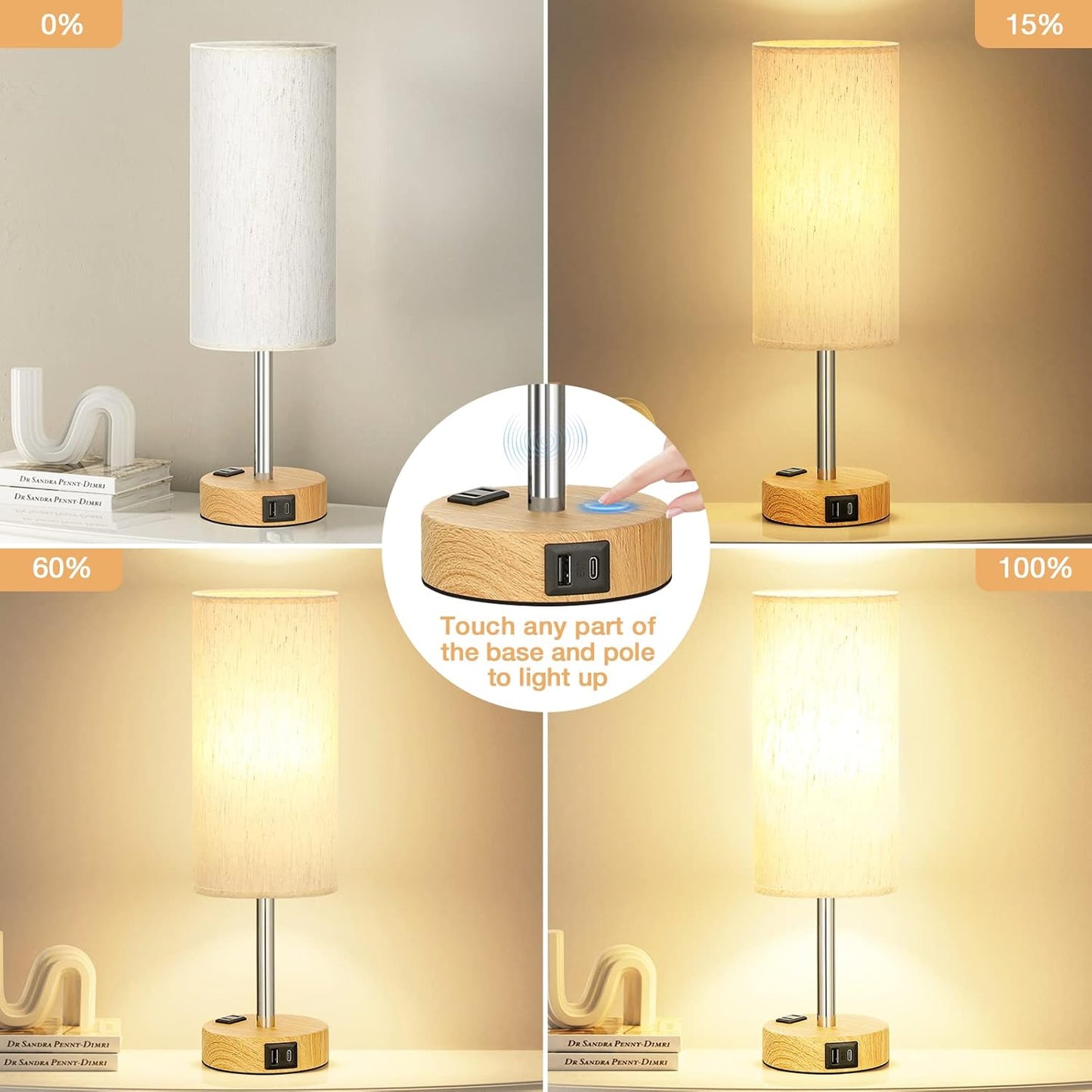 Bedside Table Lamp for Bedroom - Dimmable Touch, USB A+C, AC Outlet | 3-Way Dimmable, LED Bulb Included, Fabric Lampshade, Wood-Grain Metal Base, 14" Small Nightstand Lamp for Desk, Living Room