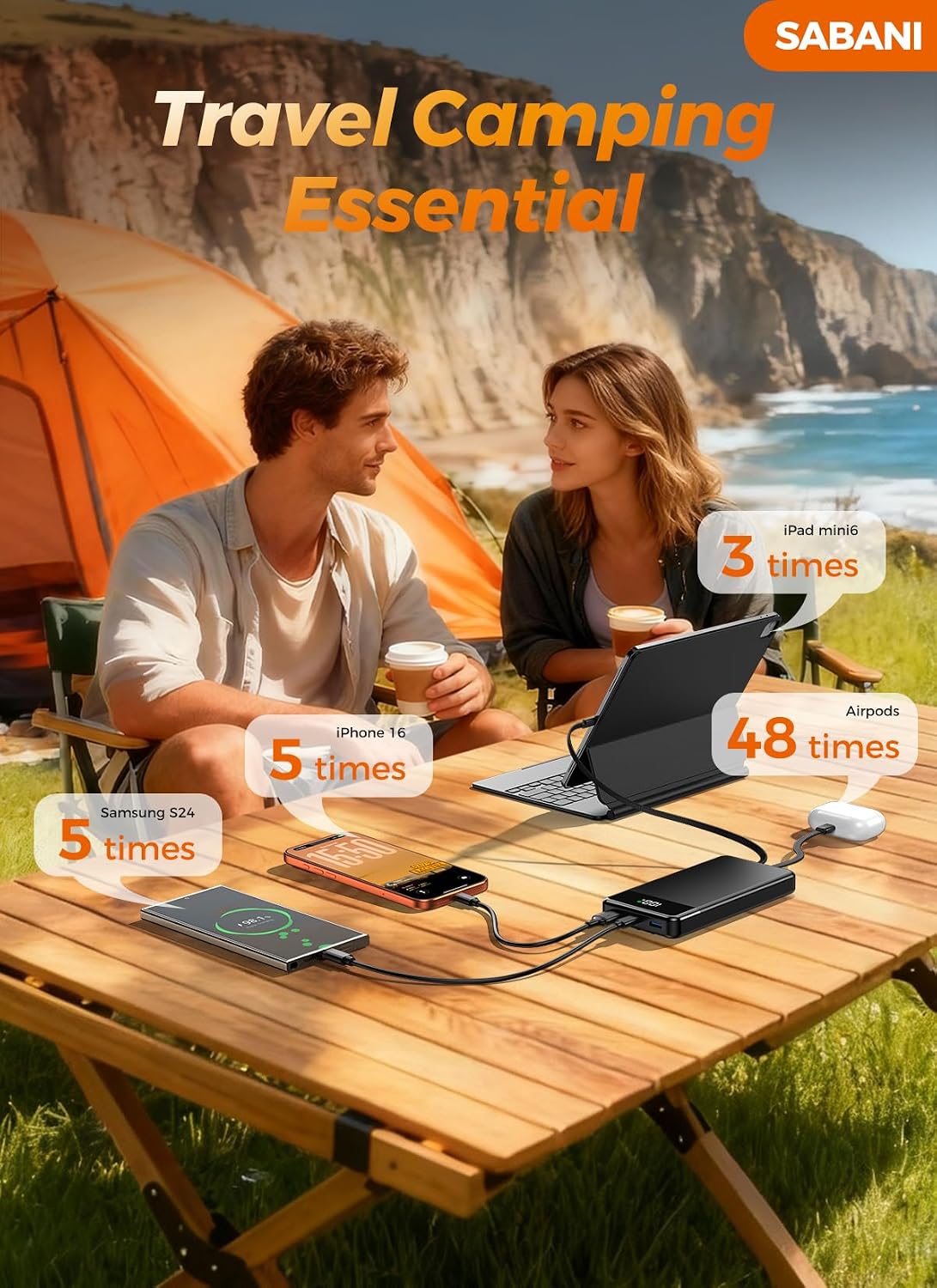 SABANI Portable Charger 35000mAh Power Bank, 4 Built in Cable Big Capacity | Ultra Slim, 22.5W Fast Charge, Travel Camping Essential, USB C External Battery Pack for iPhone Samsung Android, Black