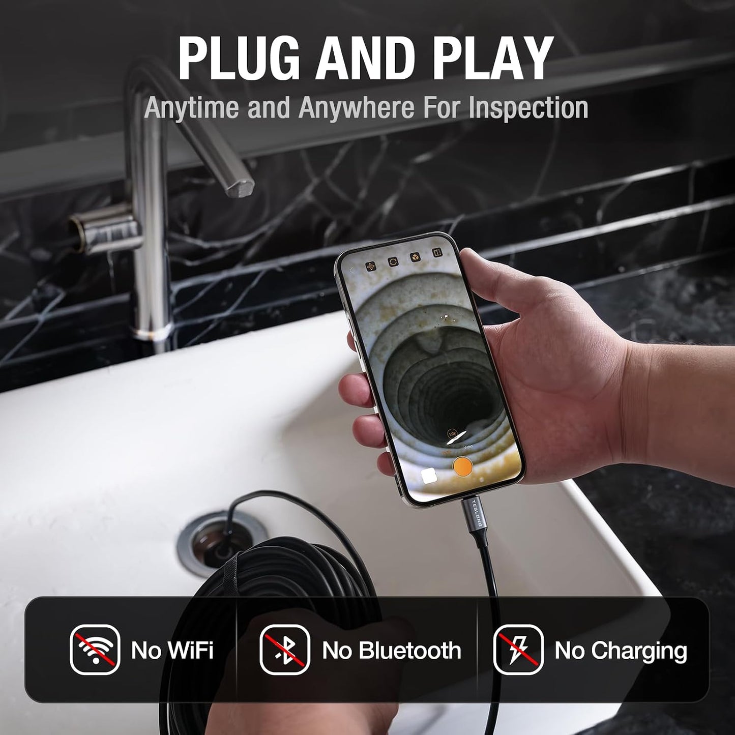Teslong 50FT USB C Borescope Camera with Light for iPhone 15/16/17 Android | 15m DIY Scope Camera for Sewer Drain Pipe Inspection, 8 LED Lights, IP67 Waterproof, 1.0MP HD Endoscope, Flexible Snake Cable