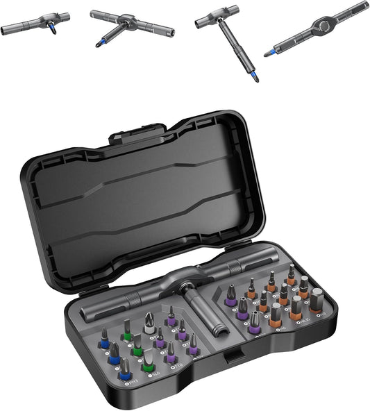 24 in 1 Magnetic Ratchet Screwdriver Set – Multi Bit Precision Repair Tool Kit with Detachable Handle, S2 Steel Bits, Portable Storage Case for Furniture, Computer, Bicycle, Electronics