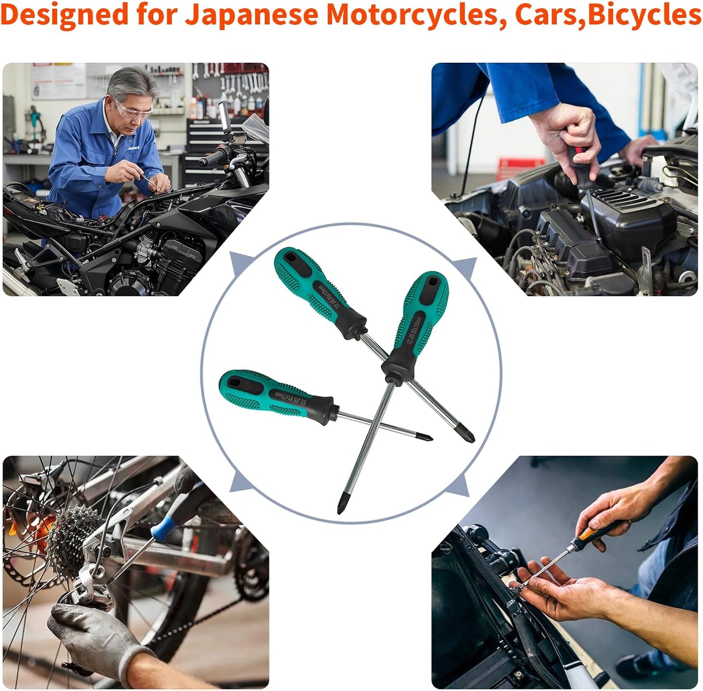 JIS Screwdriver Set (3Pcs #1#2#3) – Magnetic Tips, S2 Alloy Steel, Meets JIS B4633 Standard, Designed for Japanese Motorcycles, Vehicle,Bicycles & Industrial Equipmen