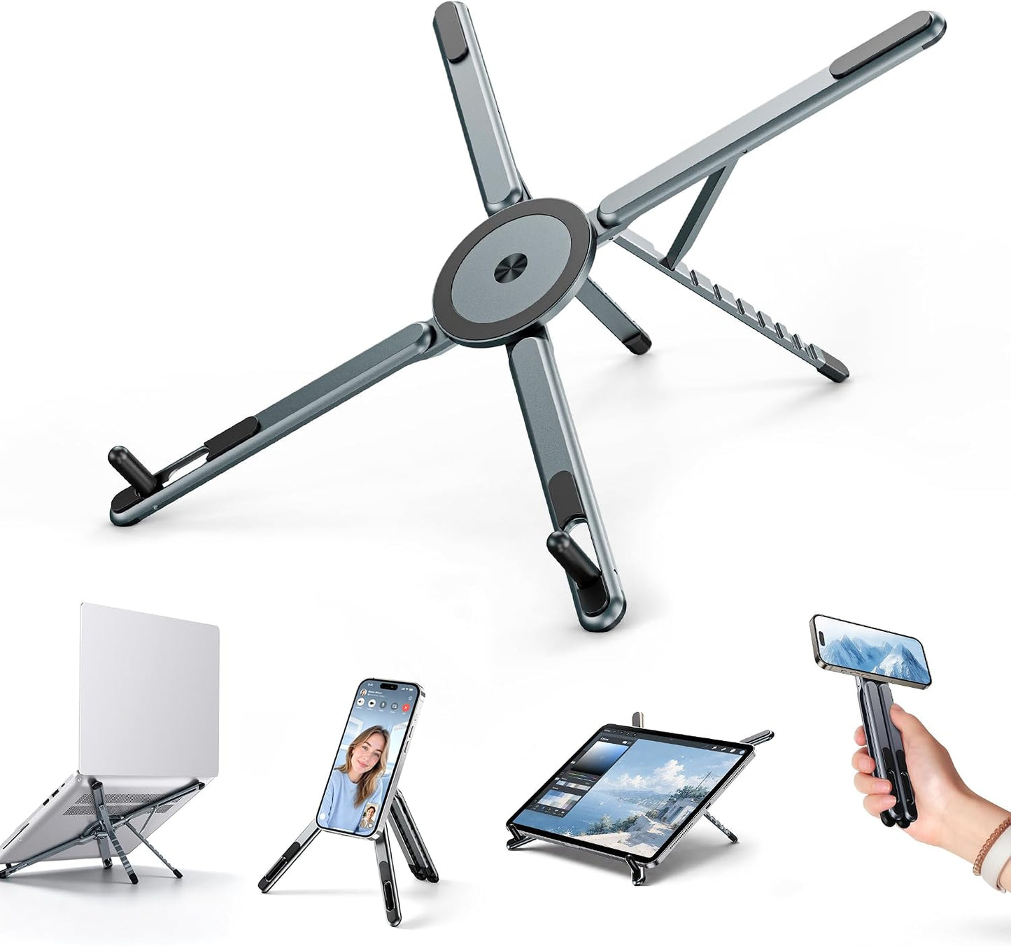 Portable Laptop Stand, 3-in-1 Magnetic Foldable Adjustable, for Desk（Gray） | Aluminum alloy, lightweight compact, 8-level height, ergonomic, for phone/tablet, home office/travel