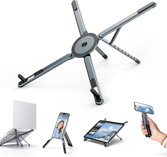 Portable Laptop Stand, 3-in-1 Magnetic Foldable Adjustable, for Desk（Gray） | Aluminum alloy, lightweight compact, 8-level height, ergonomic, for phone/tablet, home office/travel