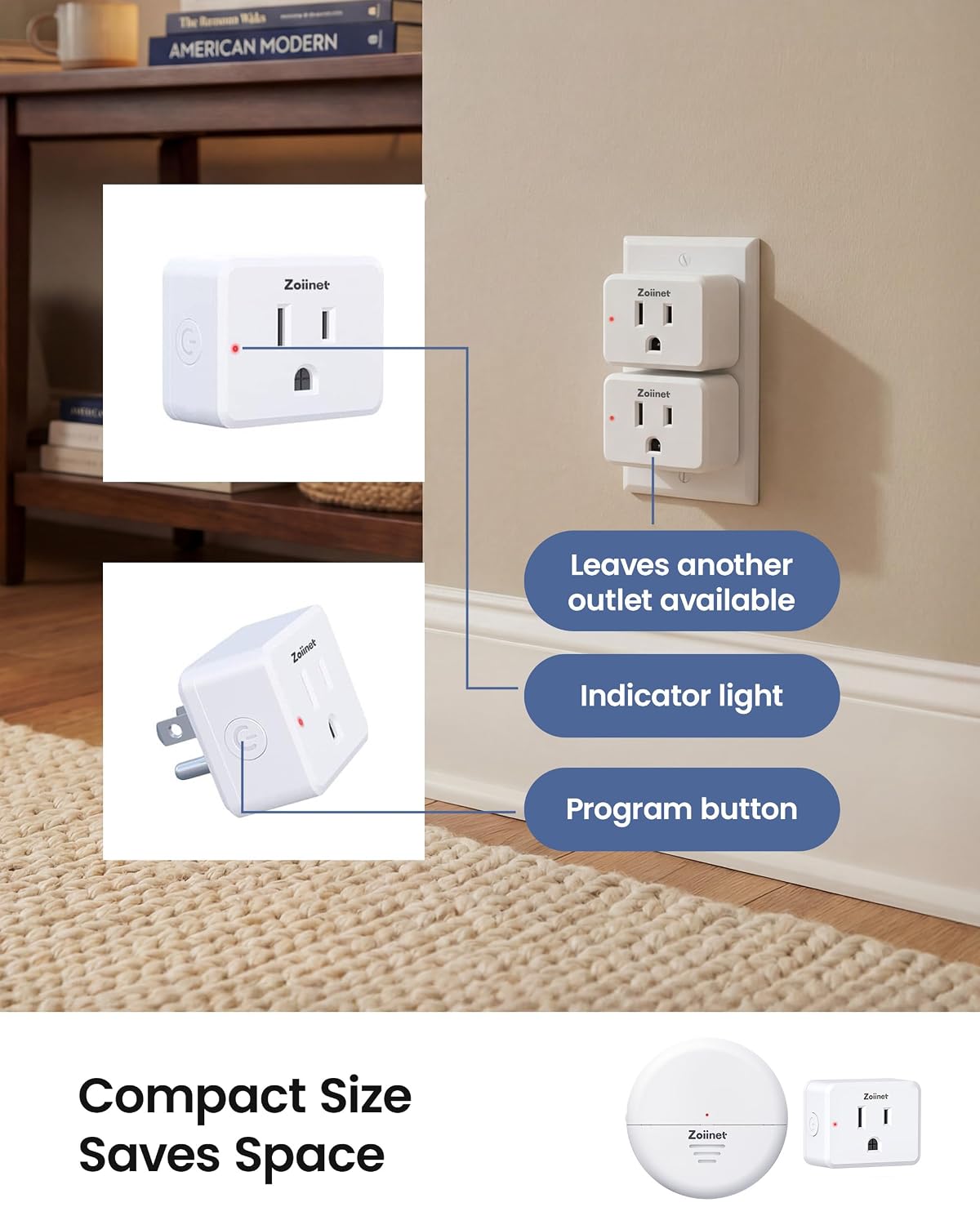 Zoiinet Wireless Motion Sensor Outlet, 15A/1500W, Adjustable Sensing Mode