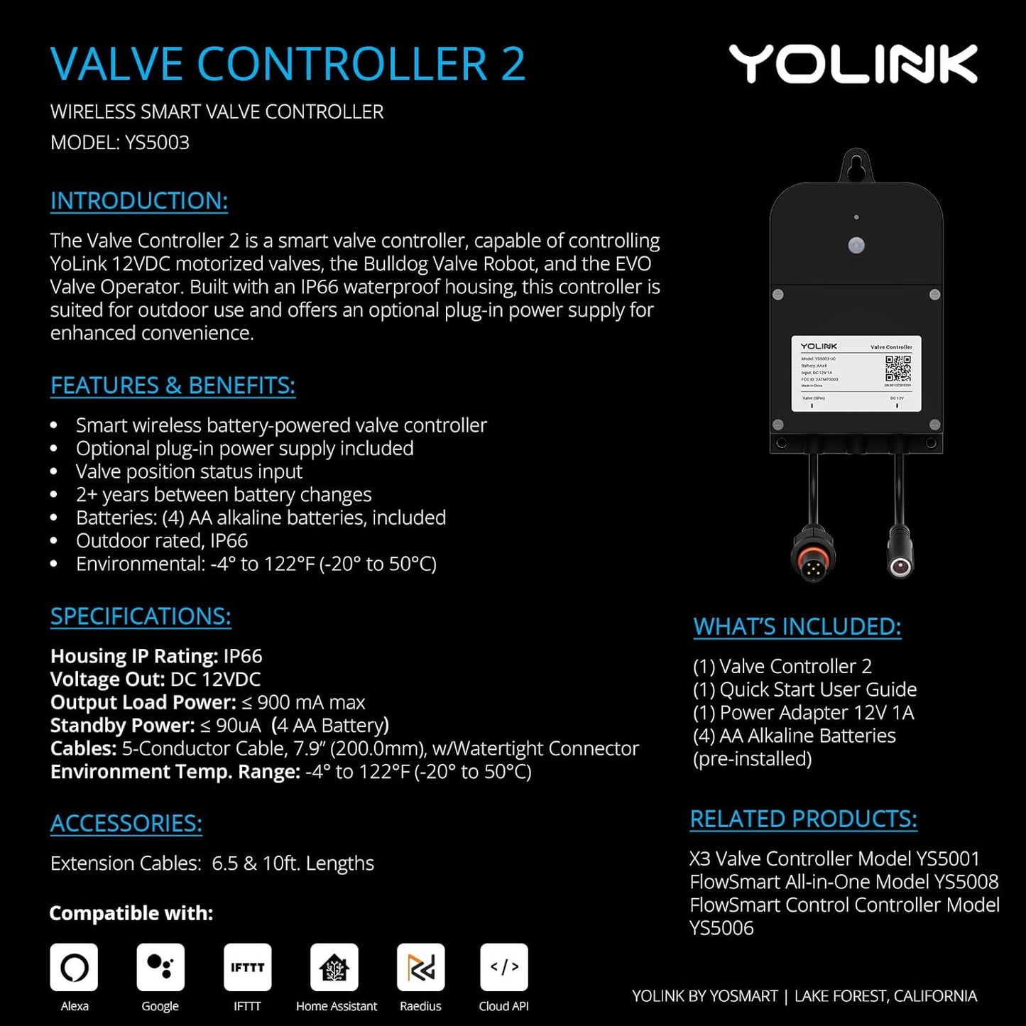 YoLink Wireless Smart Valve Control Kit, NSF Certified 3/4" Stainless Steel Motorized Valve, Wireless Controller 2, LoRa Long Range, D2D Offline with Leak Sensors, 2 Years Battery Backup