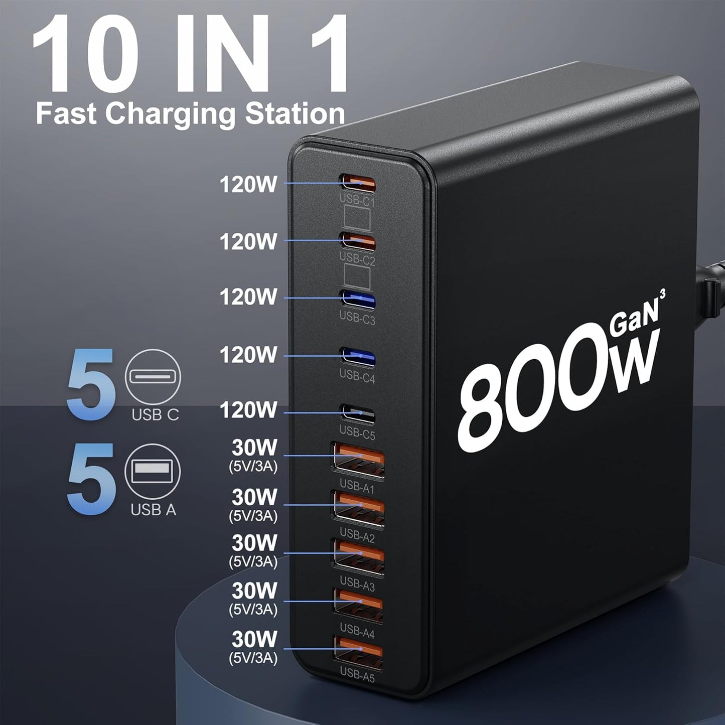 800W USB C Charger Block,10-Port GaN Charging Station | Fast Charging Type C & USB A Wall Charger Adapter for MacBook Pro/Air,iPhone,iPad,Dell XPS,Samsung Galaxy (Bright Black)