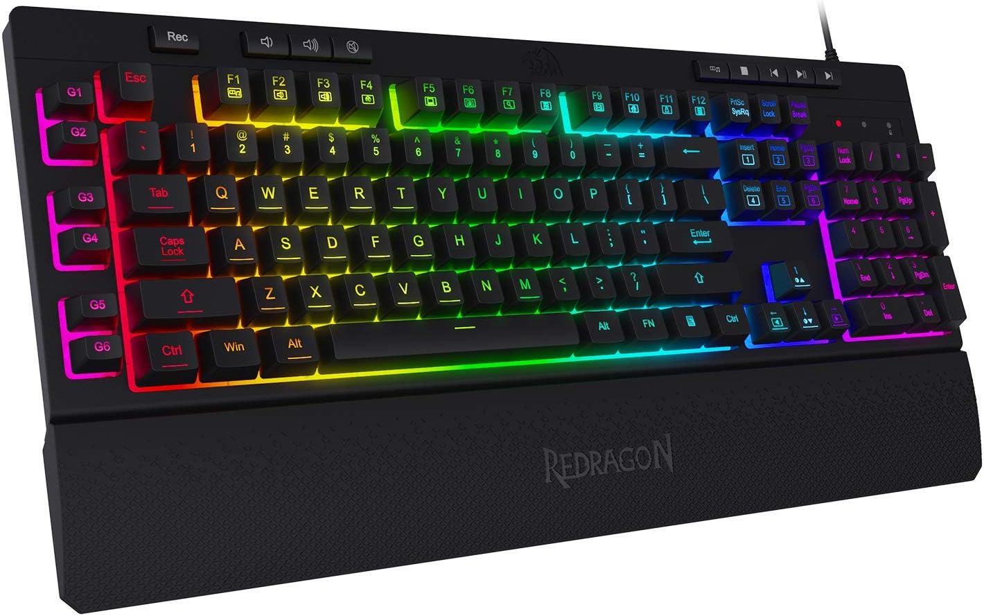 Redragon K512 RGB Membrane Gaming Keyboard, 6 Macro Keys & Easy Media Wheel | Dedicated Scroll Controls, No Software Needed 6 On-the-Fly Combos for Extensive Games, 13 Backlight Modes, Wrist Support