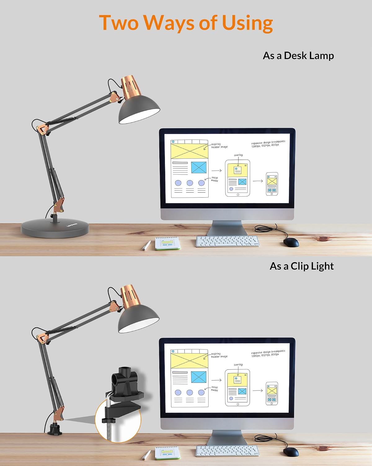 LEPOWER Metal Adjustable Desk Lamp with Clamp, Swing Arm for Home Office | Gooseneck, Architect Style, Eye-Caring Table Lamp, On/Off Switch, E26 Base, Reading for Dorm, Bedroom, Study, Back to School