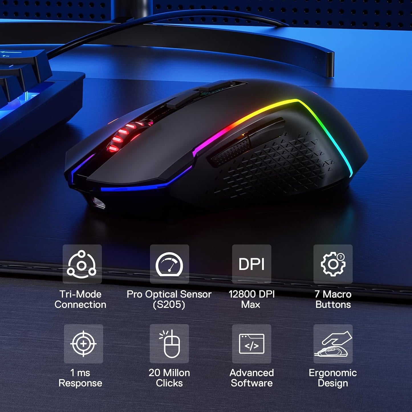 Redragon M693 LIT Wireless RGB Gaming Mouse 12800 DPI Remapping Keys | Cable-Free 0 Delay, Redefine Keybinding Macro, Vibing Backlight, Ergonomic Grip Body Comfort